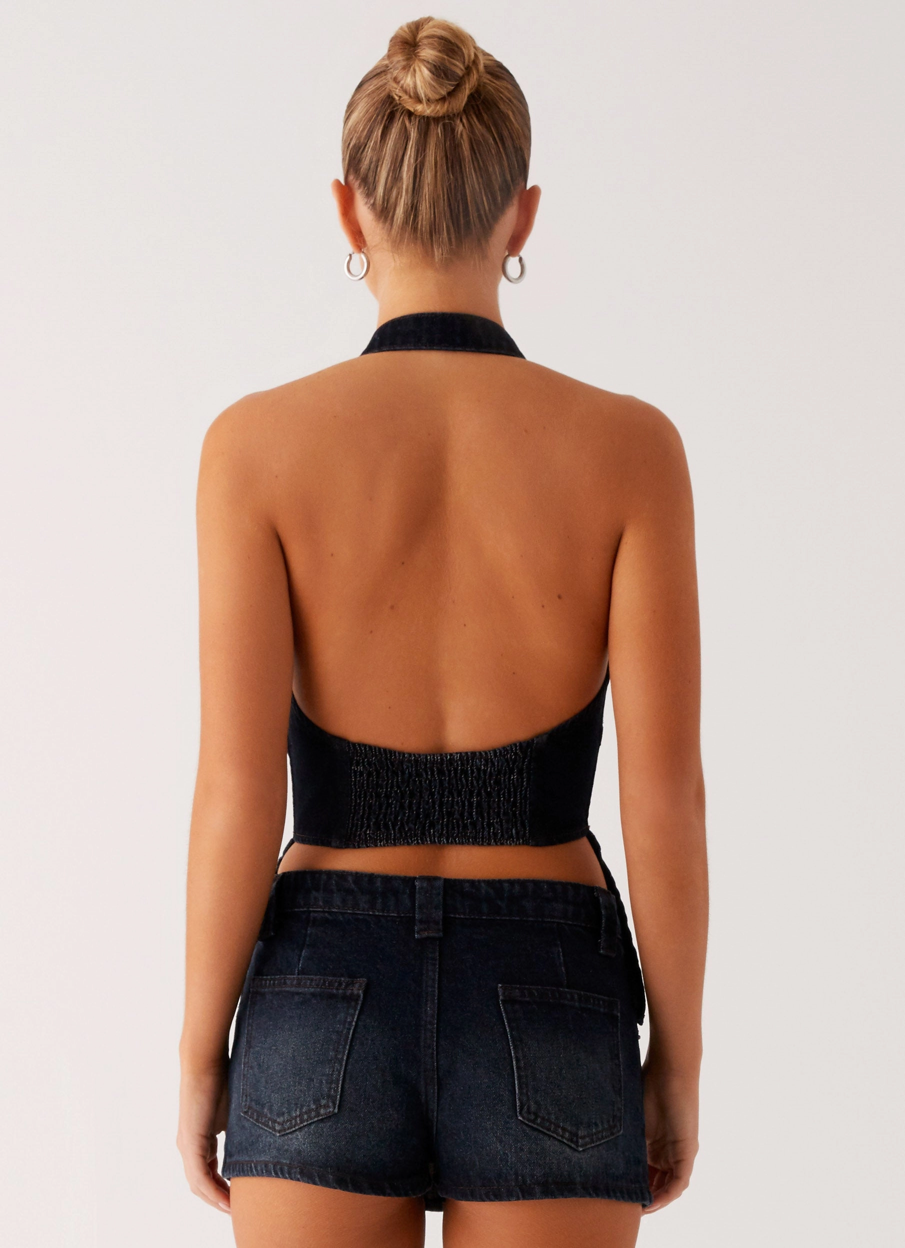 Esma Halter Top - Washed Dark Blue Adjustable Hemline AntiStaticTreatment