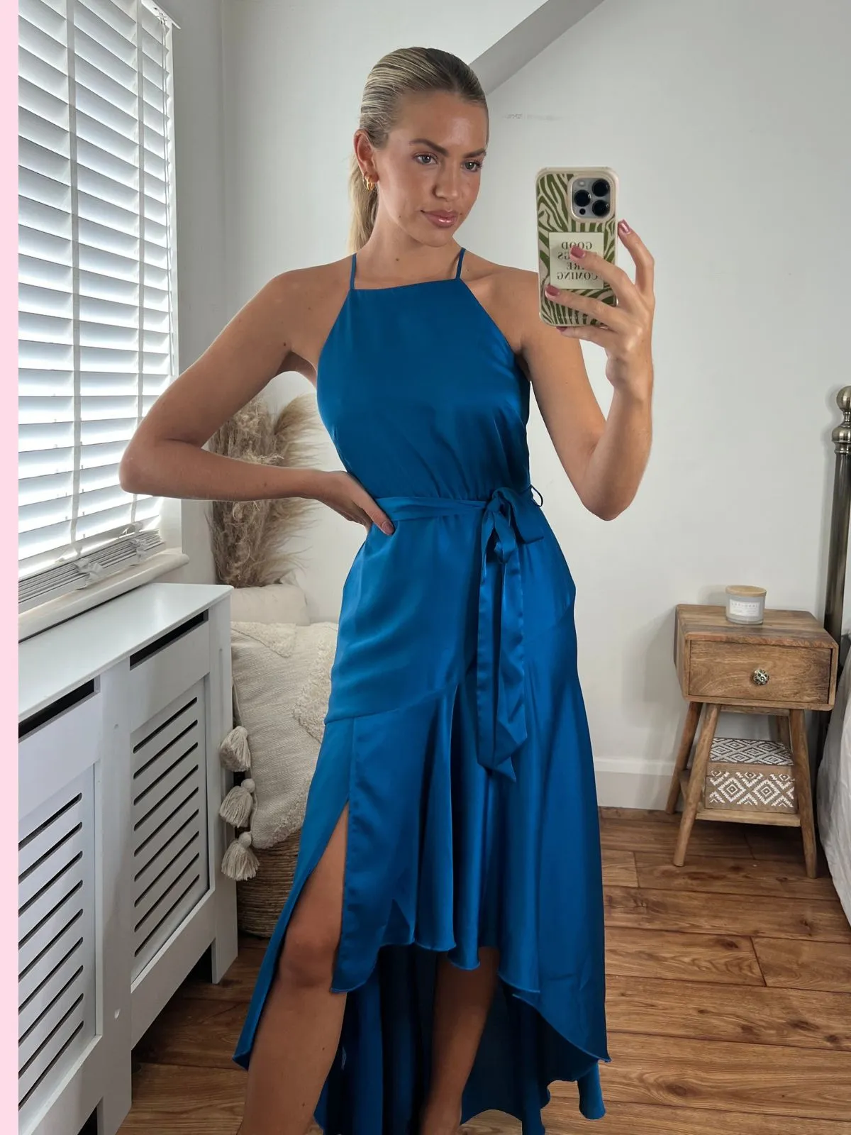 Fleur High Low Satin Dress / Peacock Blue Square Neck Movement Friendly