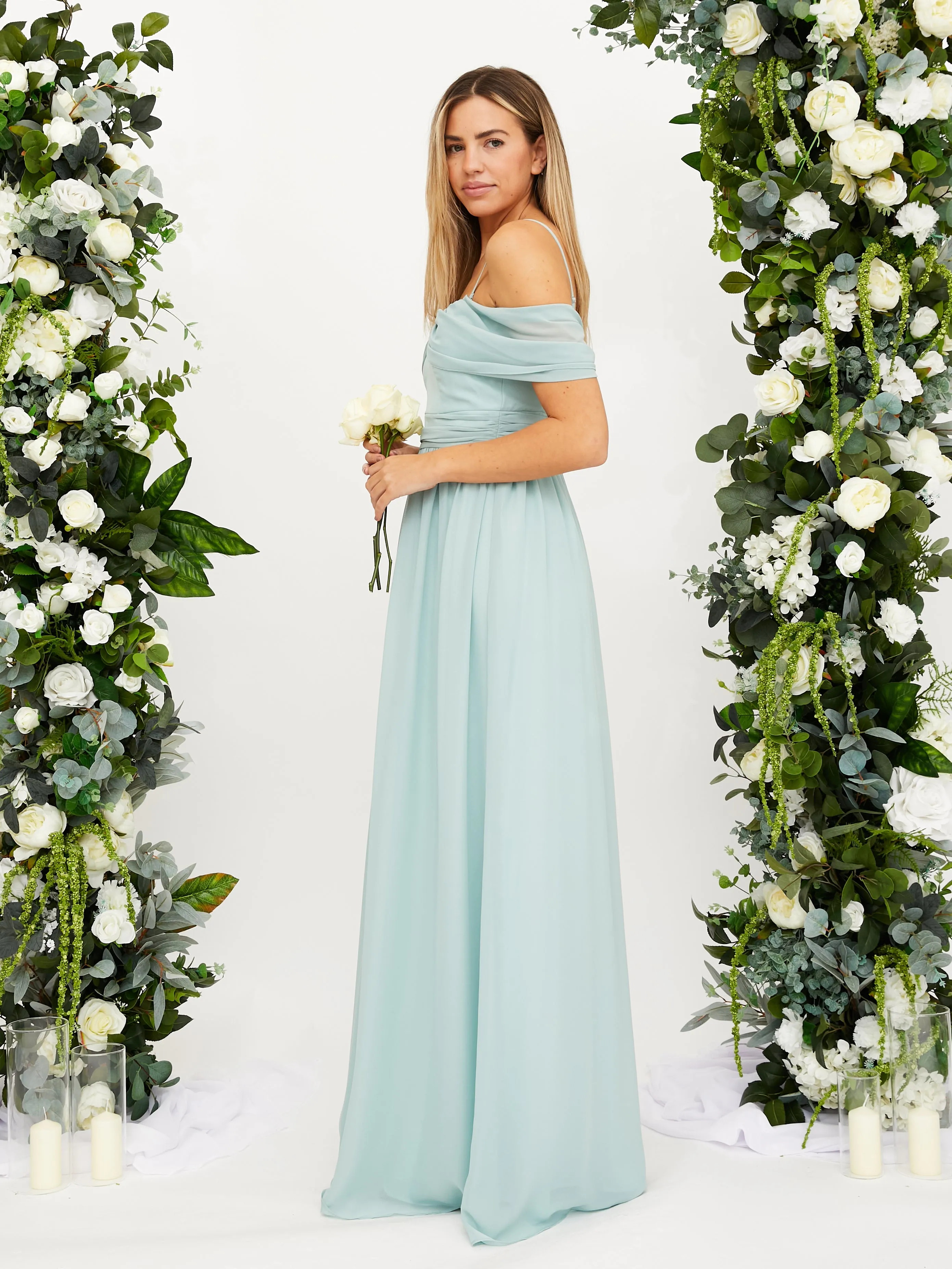 Flexible Design Smooth Feel Cold Shoulder Maxi Chiffon Dress / Sage