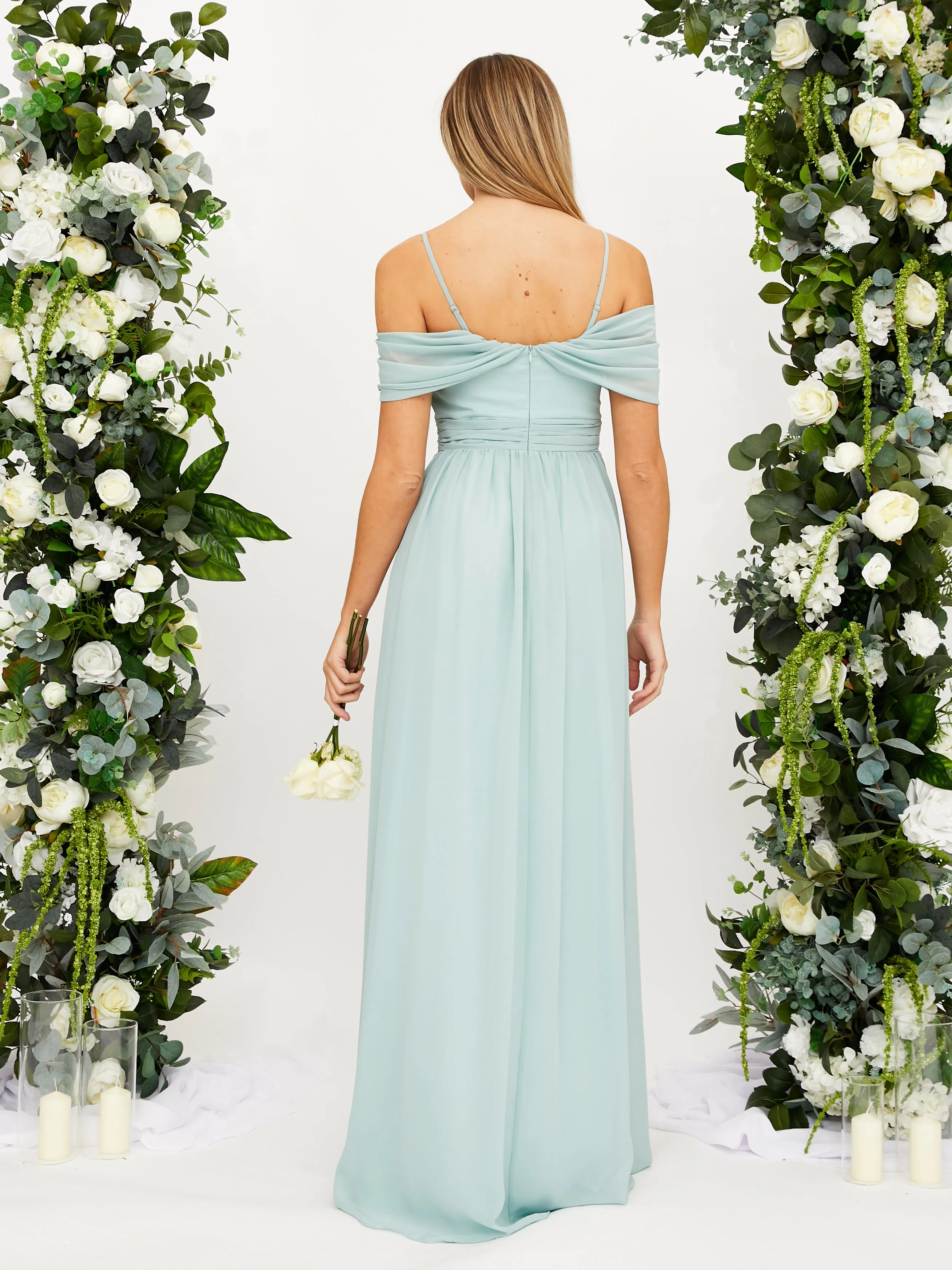 Cold Shoulder Maxi Chiffon Dress / Sage Ruffle Hem