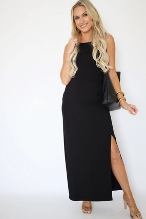 Double Layered Fabric Valencia Midi Dress - Black