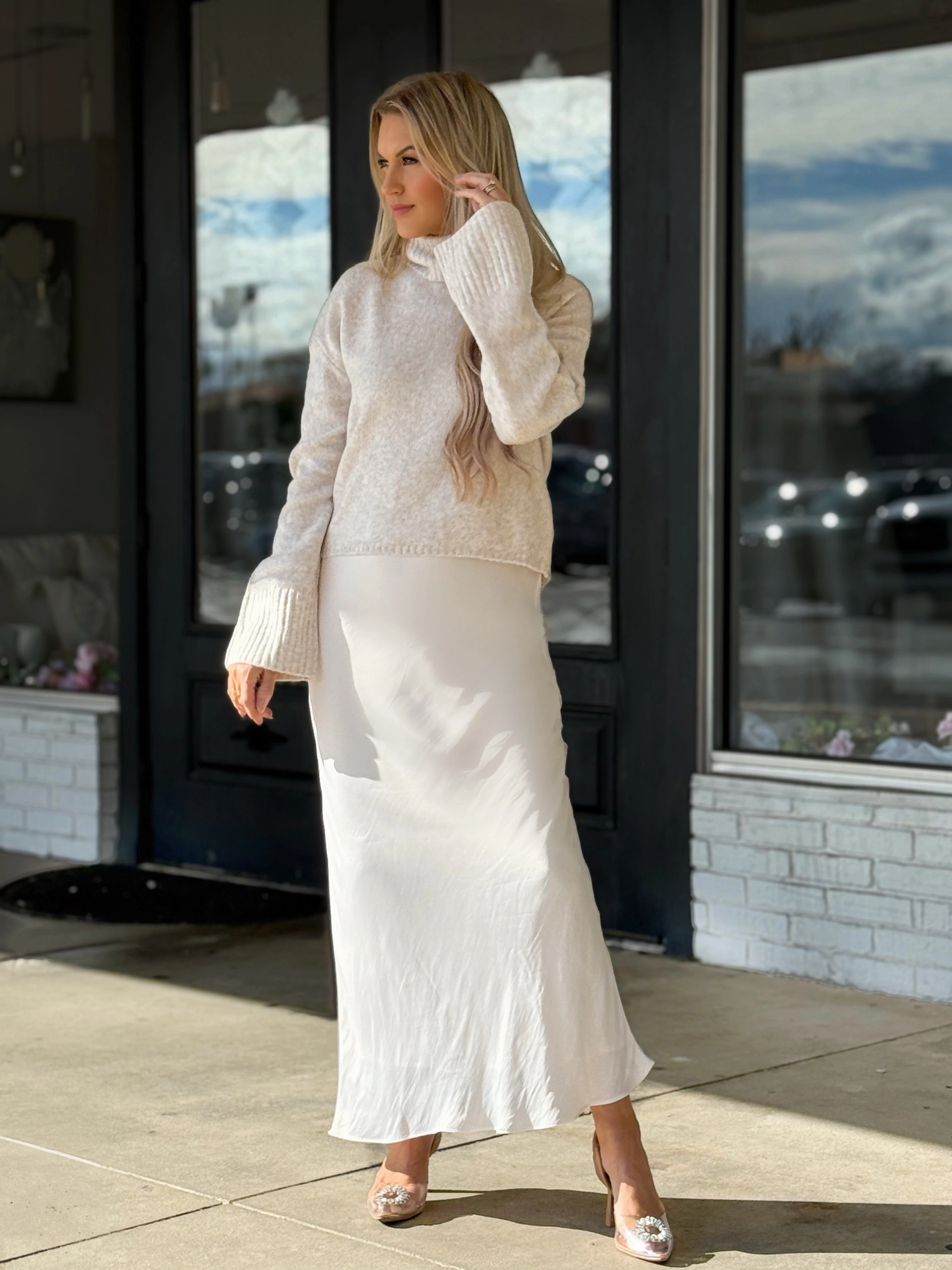 MultiPurposeUtility Double Layered Hem Europa Luxe Sheen Midi Skirt - Sea Salt