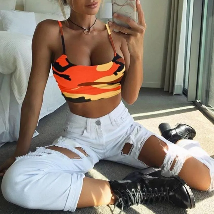 Europe Women Camo Prints Printed Bra Spaghetti Strap Camisole