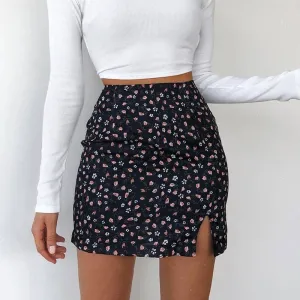 Europe Women INS Popular Floral Splitted Fitted Slim Look A-Line Skirt