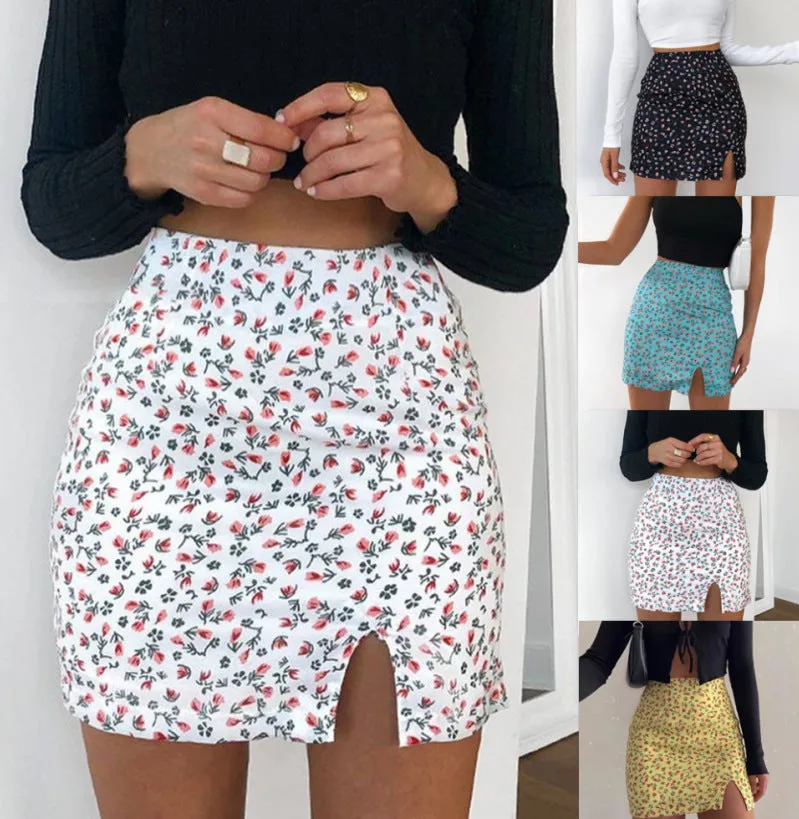 Europe Women INS Popular Floral Splitted Fitted Slim Look A-Line Skirt