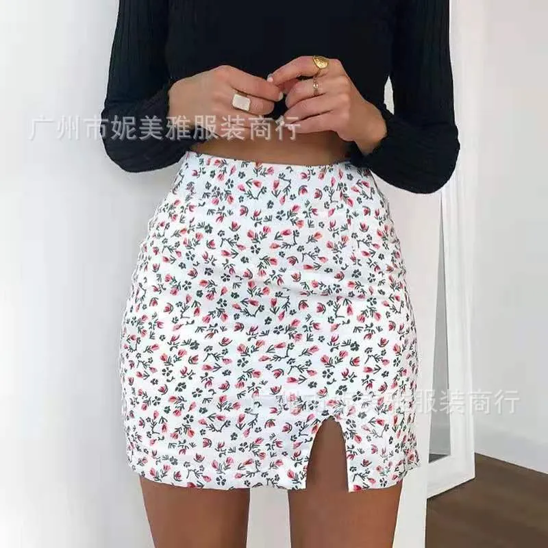 Europe Women INS Popular Floral Splitted Fitted Slim Look A-Line Skirt