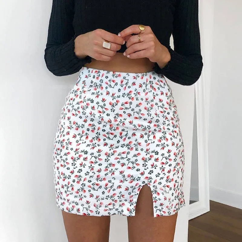 Europe Women INS Popular Floral Splitted Fitted Slim Look A-Line Skirt