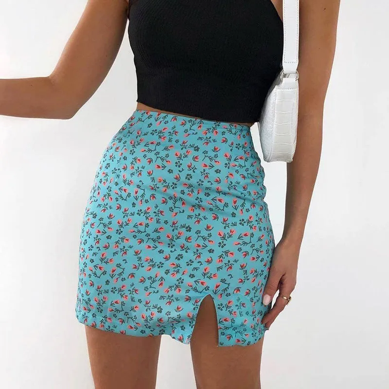 Europe Women INS Popular Floral Splitted Fitted Slim Look A-Line Skirt