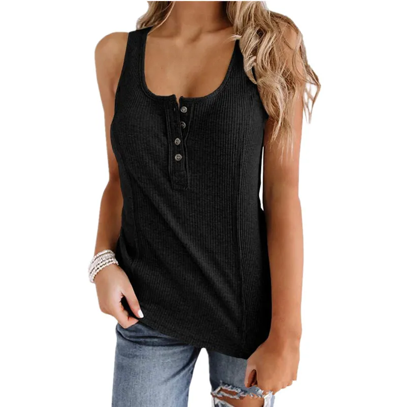 Europe Women Popular Solid Colored Button Sleeveless Tank Top T-Shirt Tank Top