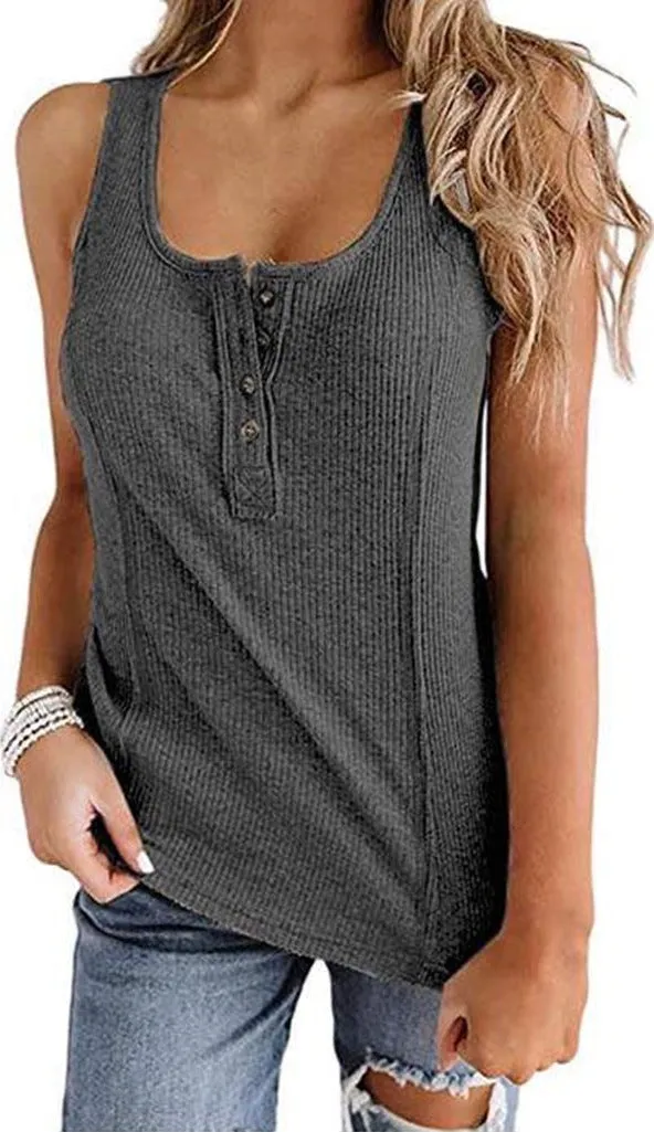 Europe Women Popular Solid Colored Button Sleeveless Tank Top T-Shirt Tank Top