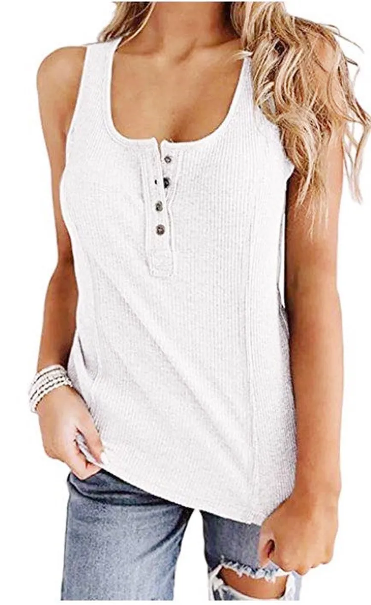Europe Women Popular Solid Colored Button Sleeveless Tank Top T-Shirt Tank Top