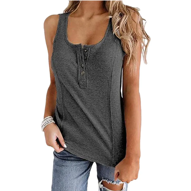 Europe Women Popular Solid Colored Button Sleeveless Tank Top T-Shirt Tank Top