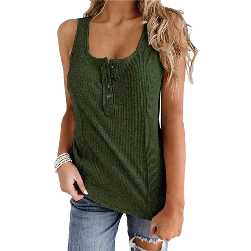 Europe Women Popular Solid Colored Button Sleeveless Tank Top T-Shirt Tank Top