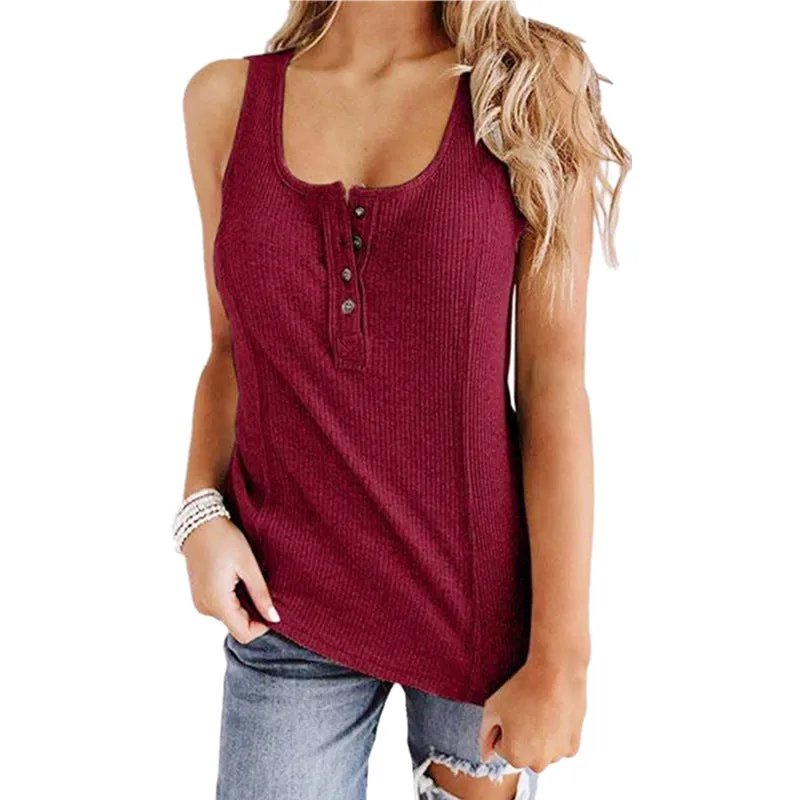 Europe Women Popular Solid Colored Button Sleeveless Tank Top T-Shirt Tank Top