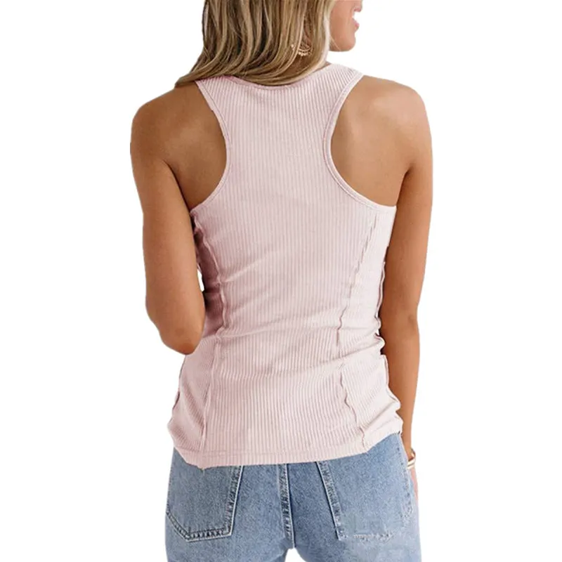 Europe Women Popular Solid Colored Button Sleeveless Tank Top T-Shirt Tank Top