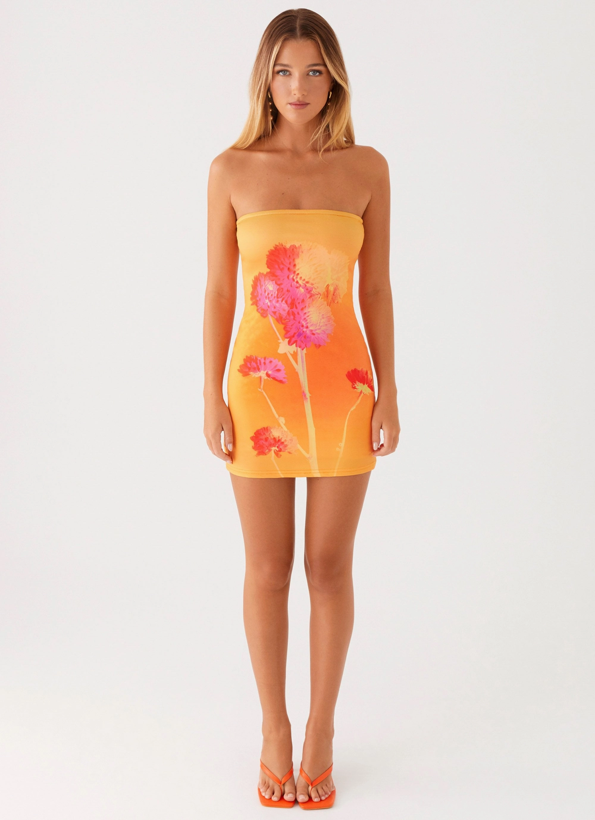 Caroline Mini Dress - Orange Floral Subtle Texture Clean Comfort