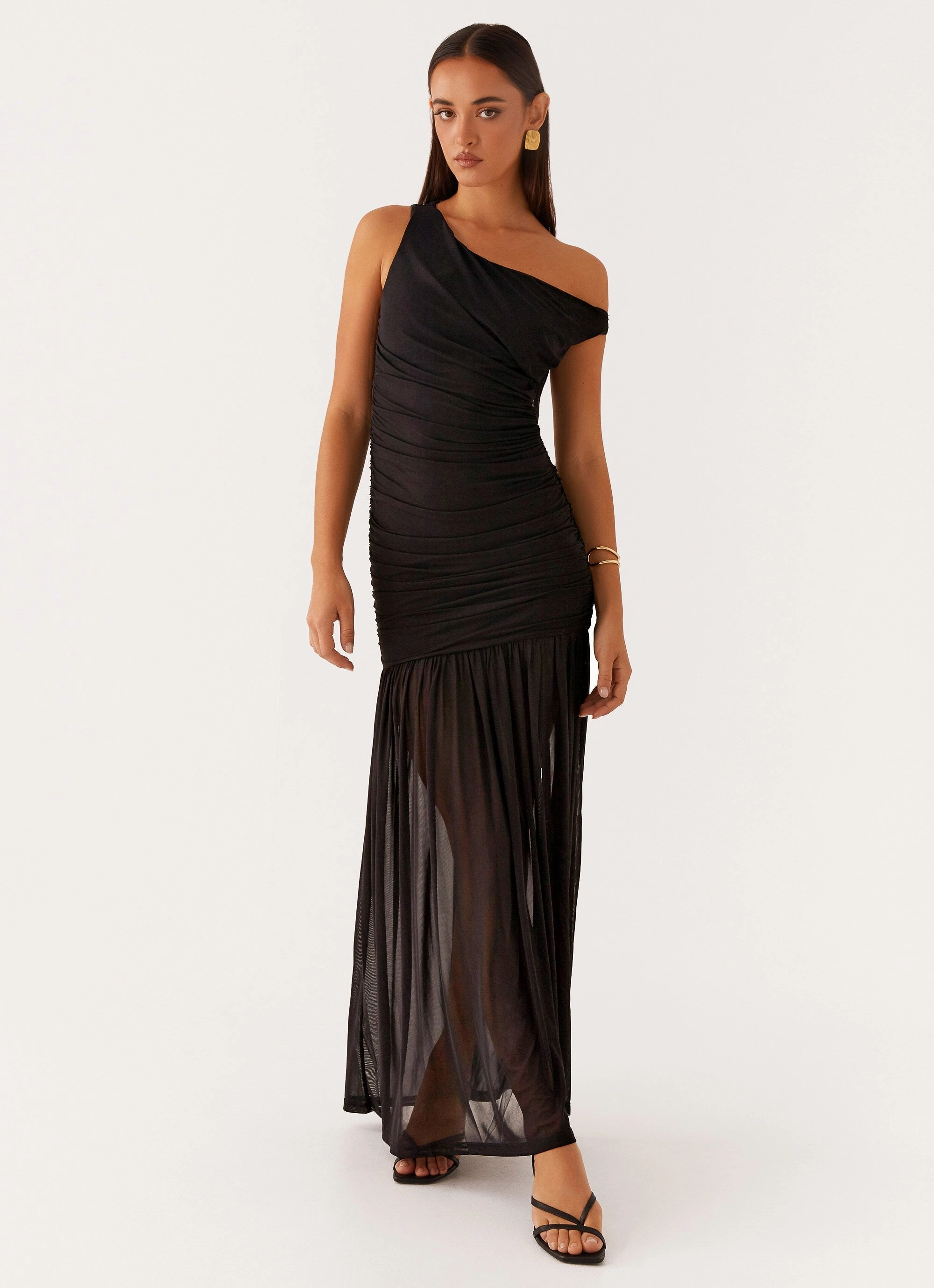 Gloss Finish Embroidered-Detail Pavilion Maxi Dress - Black