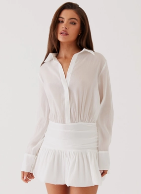 Evening Style Rae Long Sleeve Shirt Dress - White All Look Vintage feel Rae Long Sleeve Shirt Dress - White