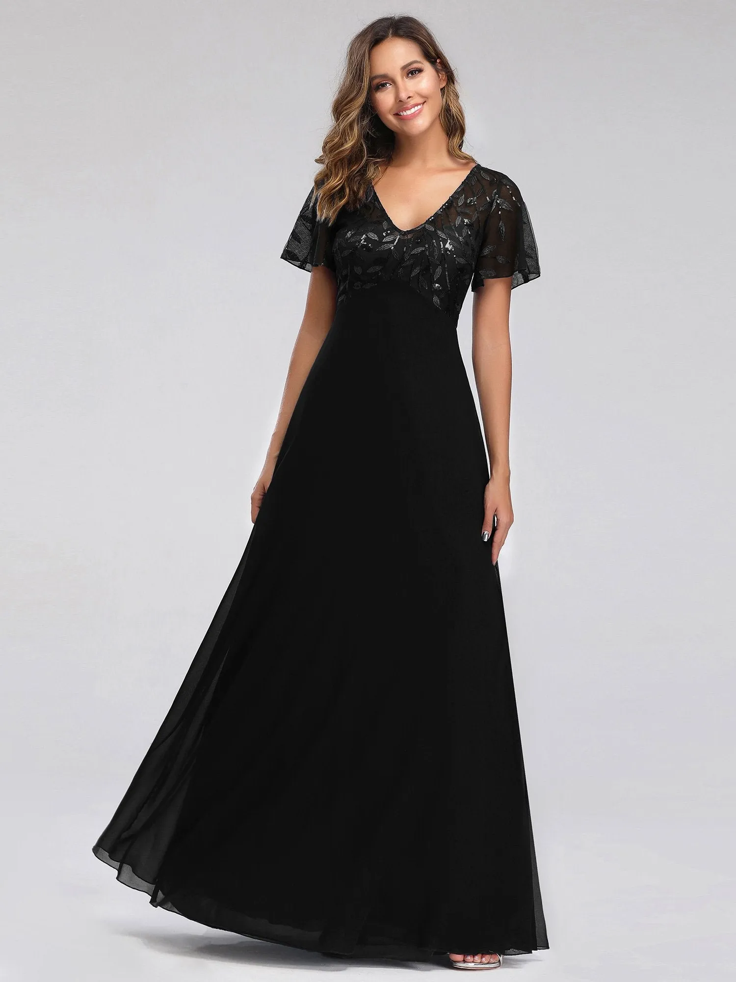 Ever-Pretty Floral Lace Sequin Print Evening Dresses  with Cap Sleeve EZ07706