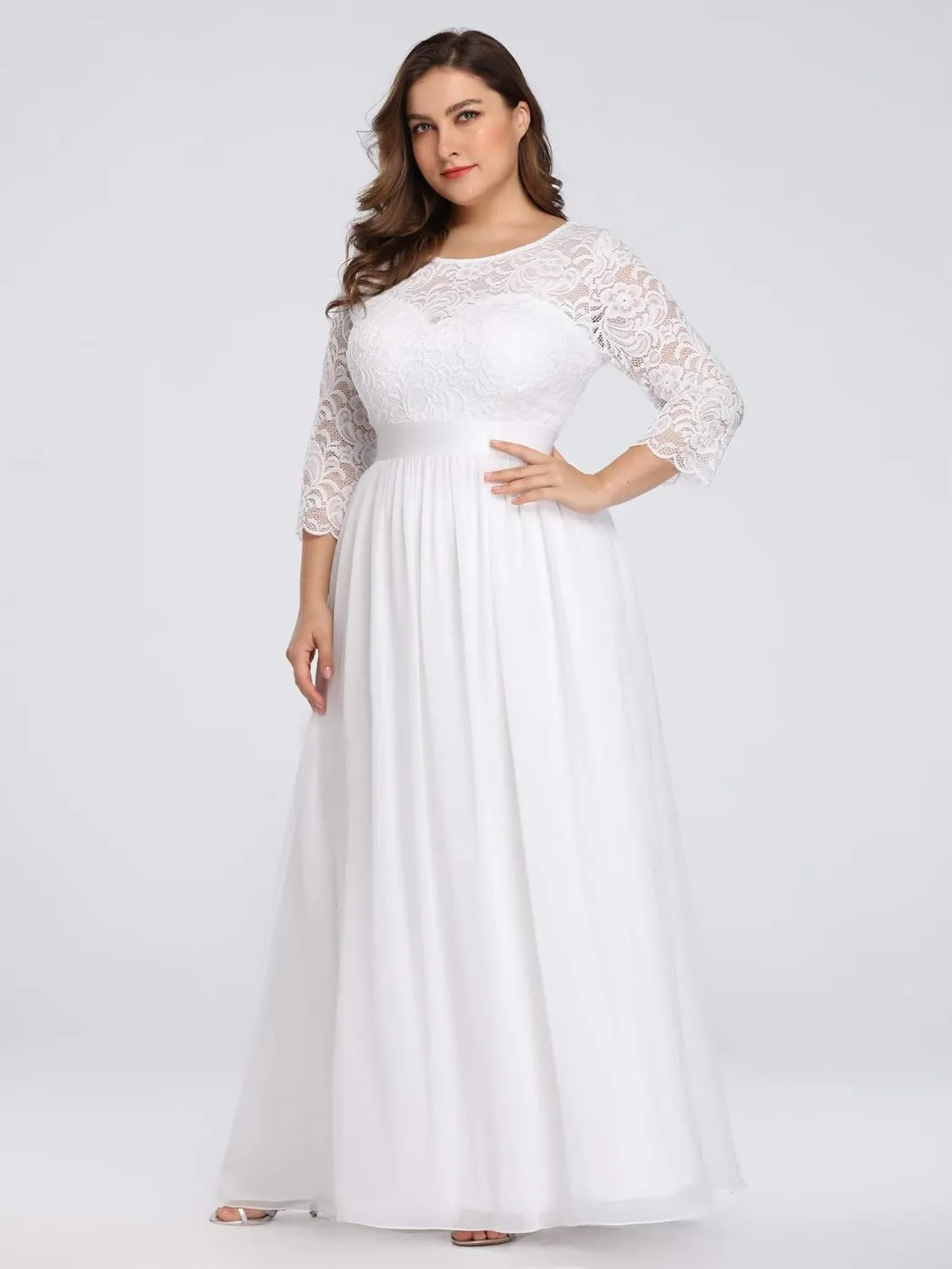 Ever-Pretty Women's Plus Size A-Line 3/4 Lace Sleeves Chiffon Long Maxi Formal Mother of The Bride Dresses 7412-PZ