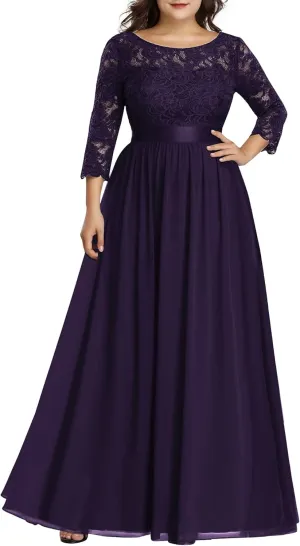 Ever-Pretty Women's Plus Size A-Line 3/4 Lace Sleeves Chiffon Long Maxi Formal Mother of The Bride Dresses 7412-PZ