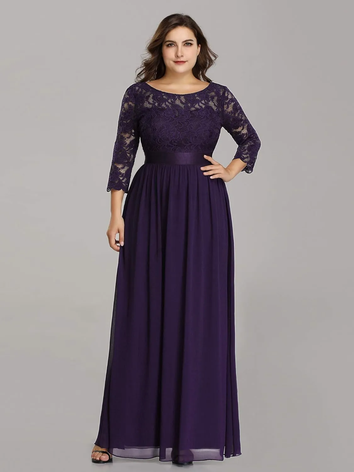 Ever-Pretty Women's Plus Size A-Line 3/4 Lace Sleeves Chiffon Long Maxi Formal Mother of The Bride Dresses 7412-PZ