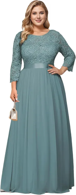 Ever-Pretty Women's Plus Size A-Line 3/4 Lace Sleeves Chiffon Long Maxi Formal Mother of The Bride Dresses 7412-PZ