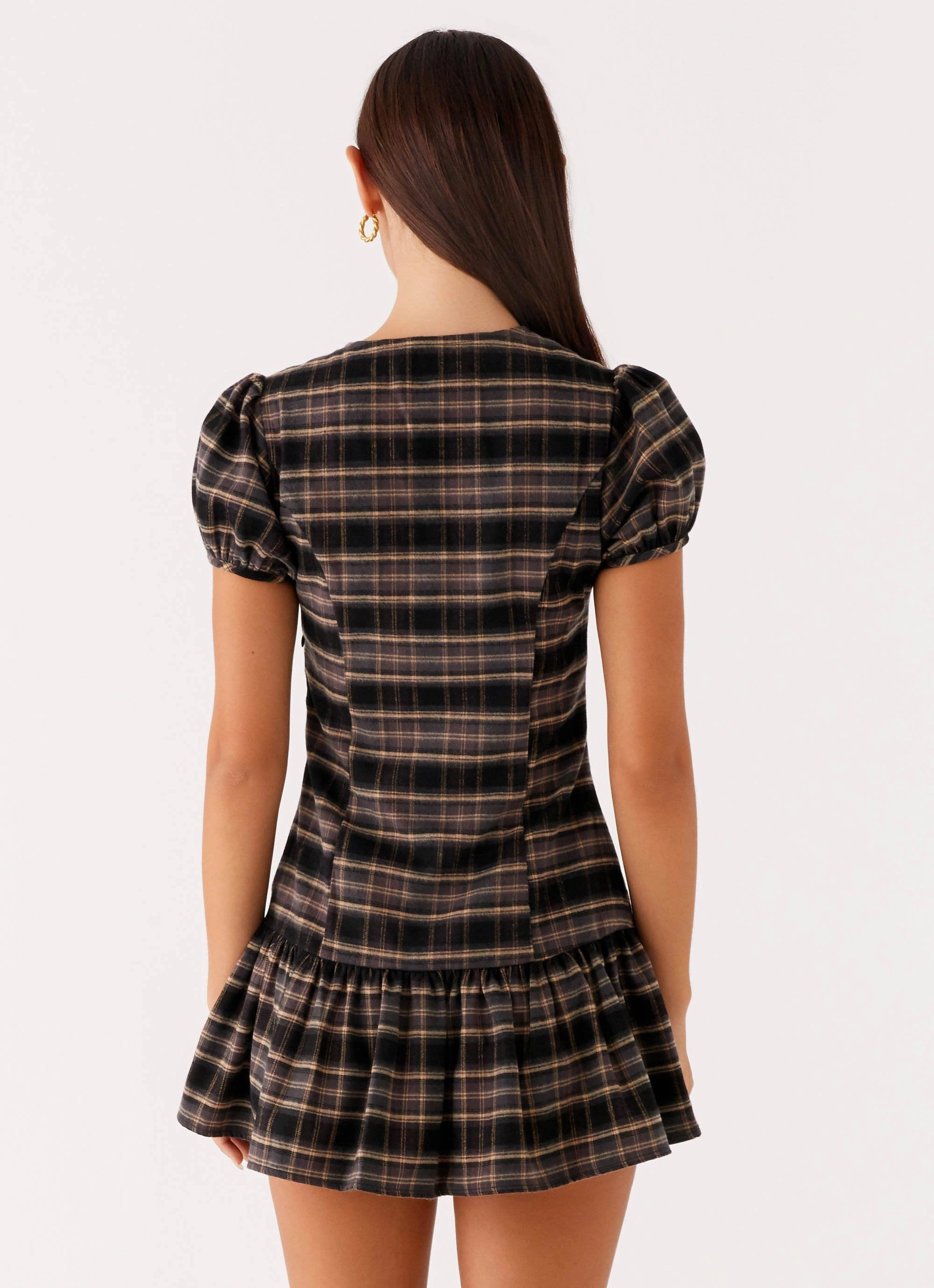 Boat-Neck Taylor Keyhole Mini Dress - Brown Check