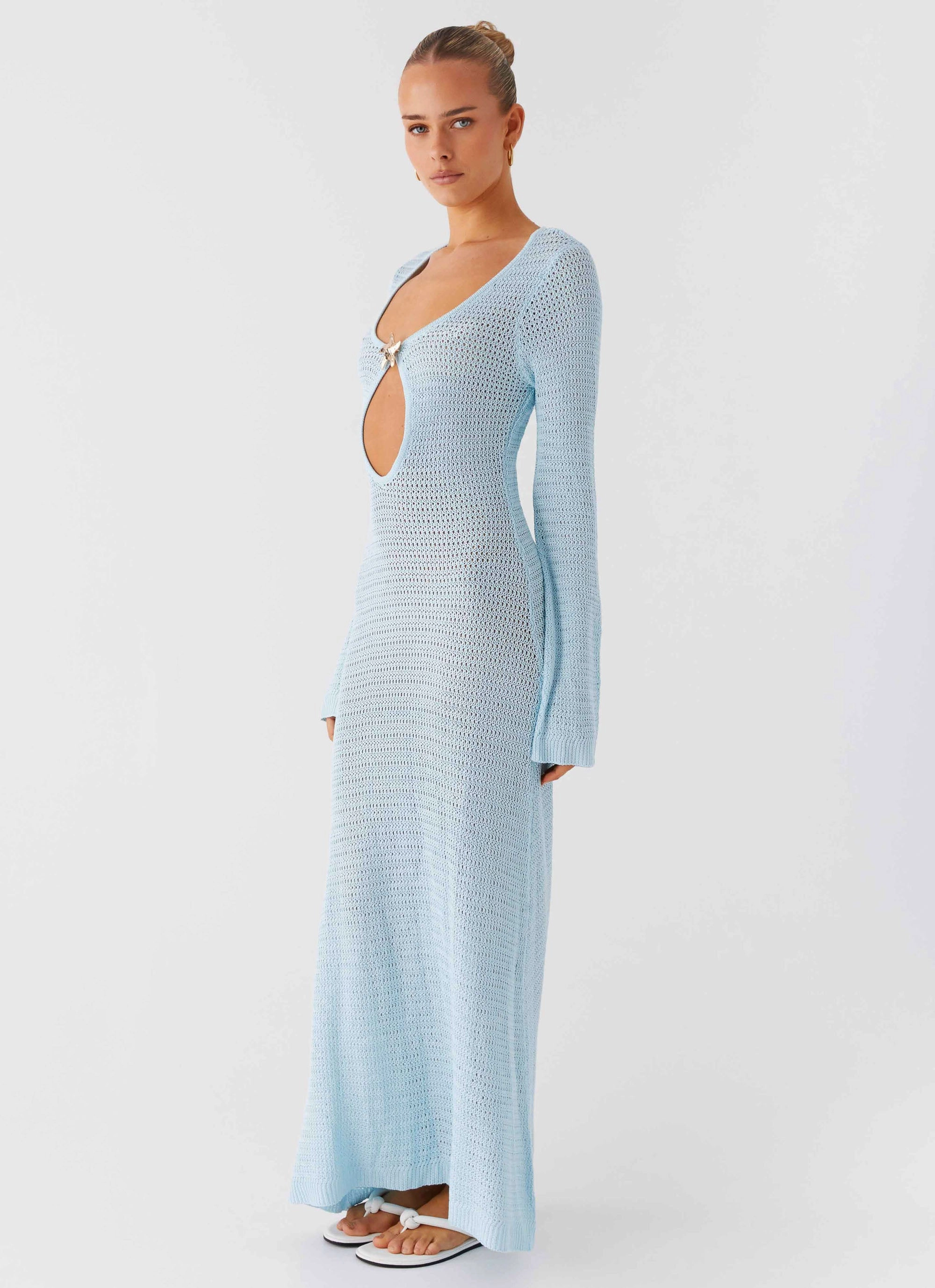 Feminine Comfort Tasteful Detail Seascape Chochet Maxi Dress - Blue