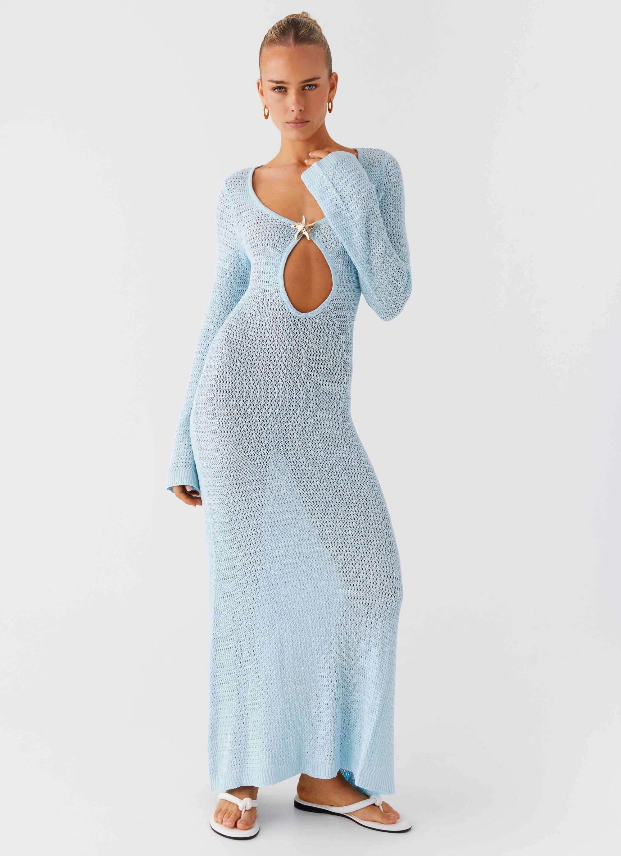 Contemporary Style Comfort and Elegance Seascape Chochet Maxi Dress - Blue