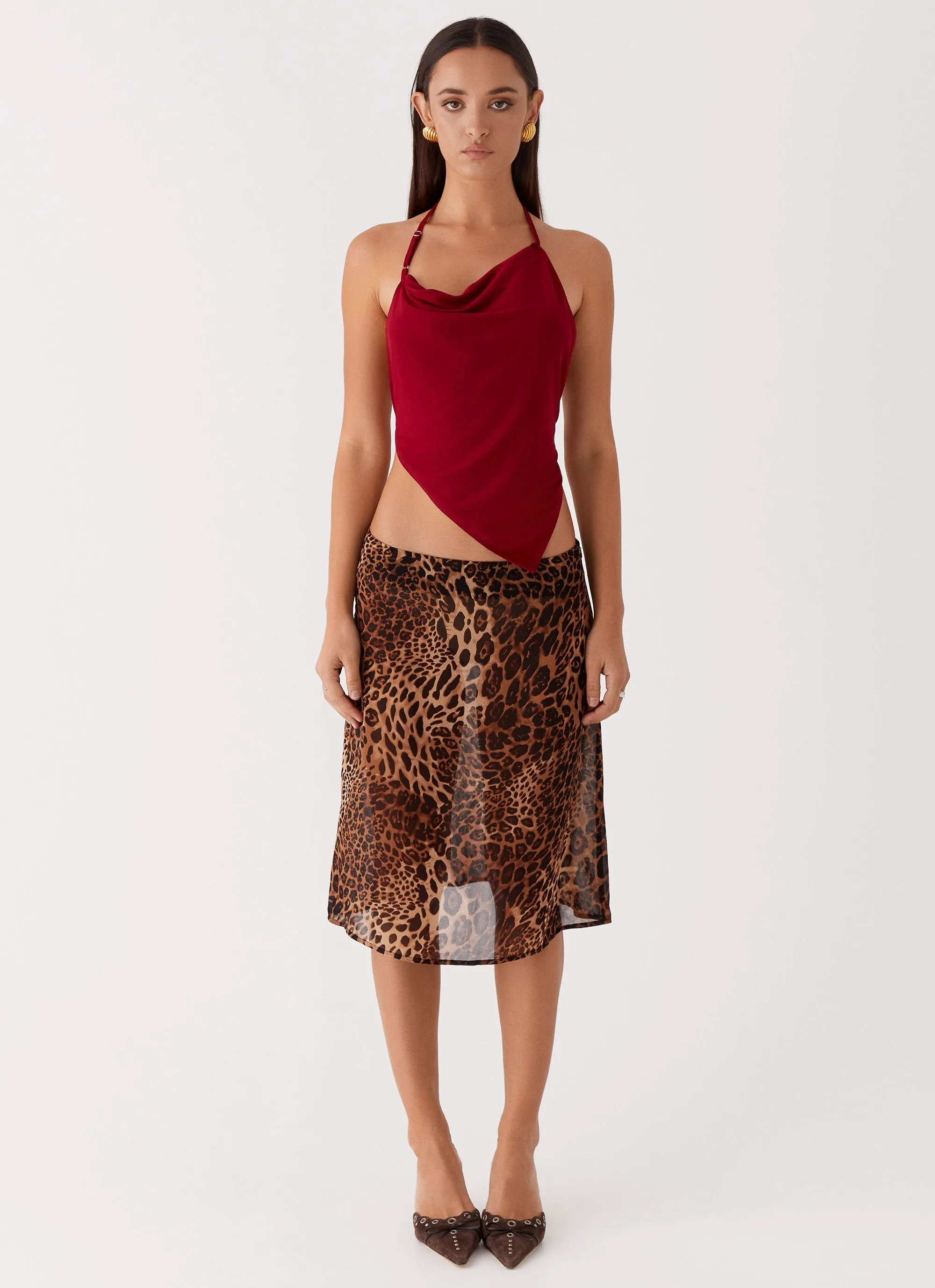 Evoke Chiffon Midi Skirt - Leopard Fold Over Design Breezy Fit