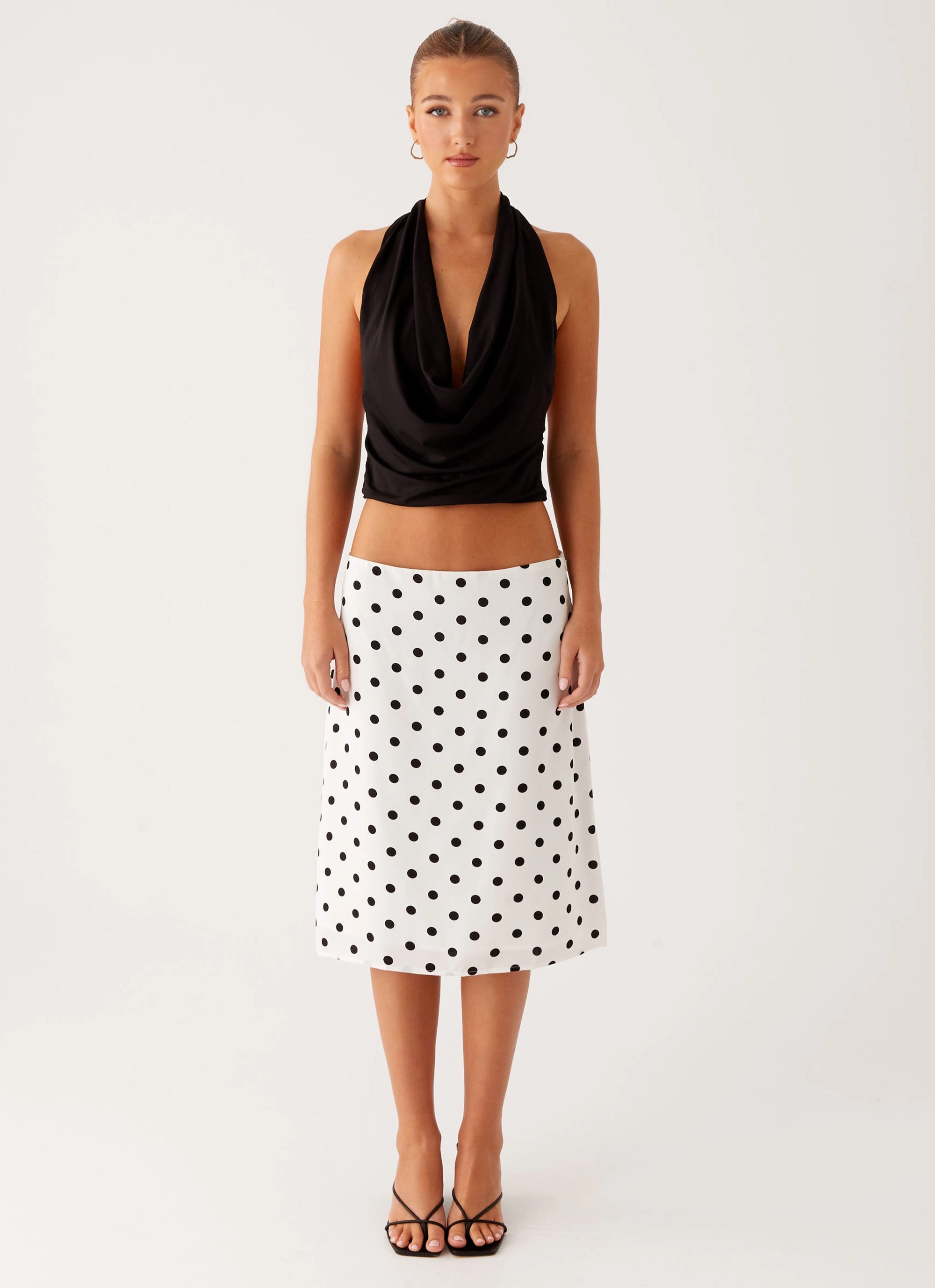 Evoke Chiffon Midi Skirt - White Polka Dot Outdoor Flex SmoothZipClosure