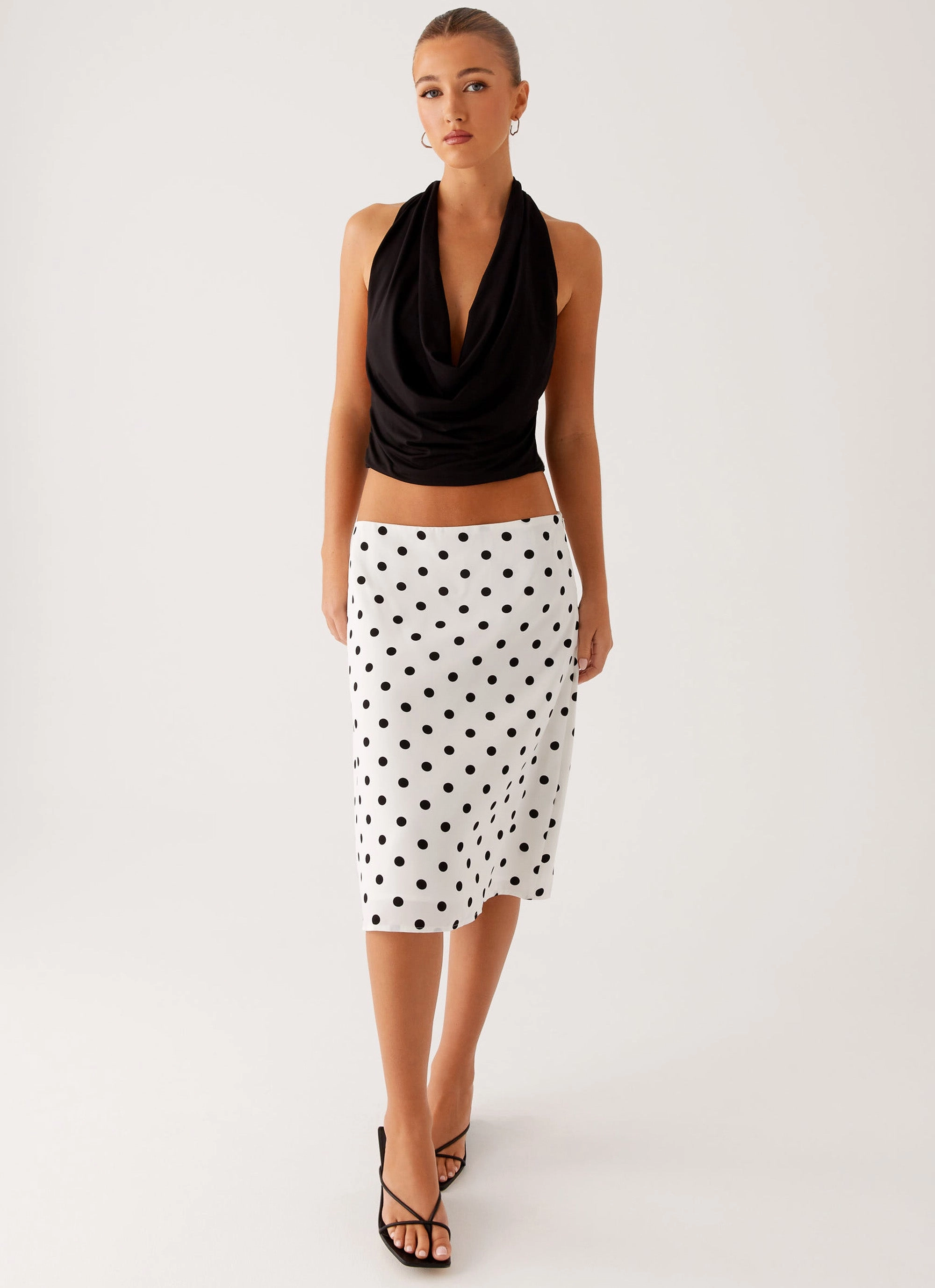 Evoke Chiffon Midi Skirt - White Polka Dot Freedom Fit