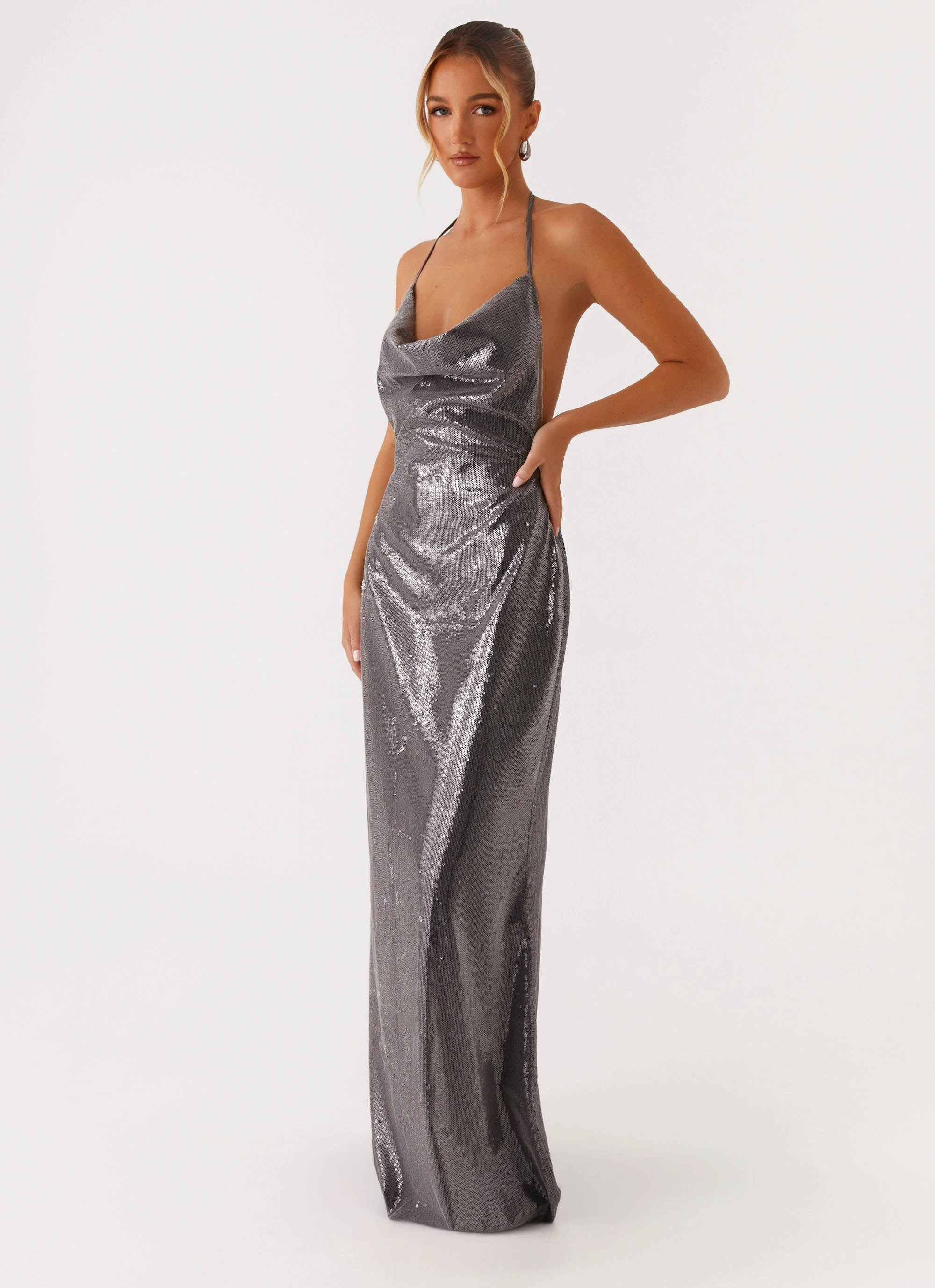 Sleek Love Sequin Maxi Dress - Silver Sequin Matte-finish Shine Moment