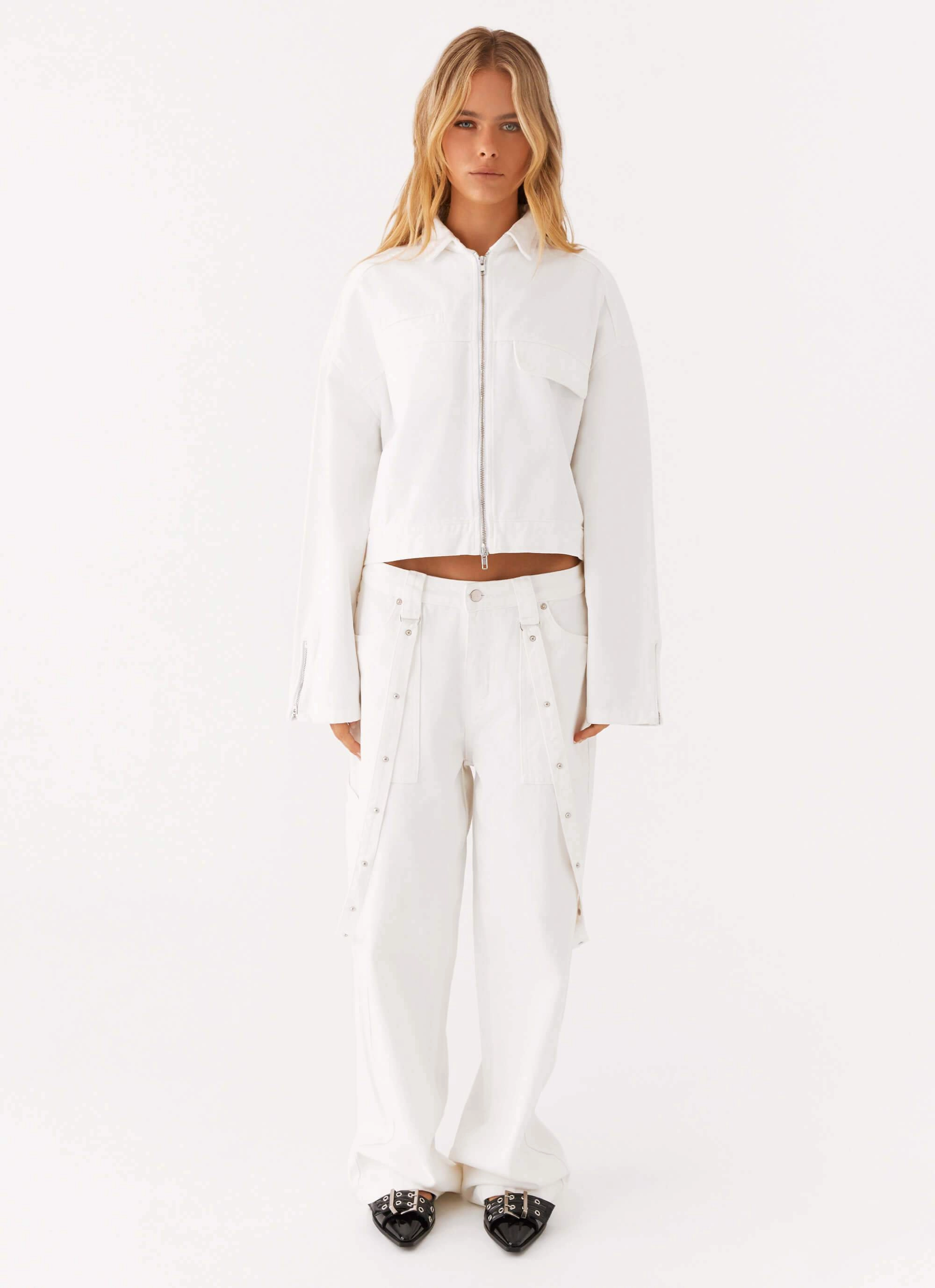 Stormy Oversized Denim Jacket - White Ergonomic Sleeve Shaping Functional Layer Piece