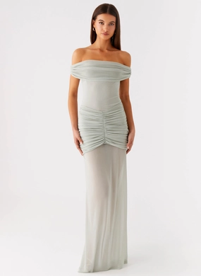 Eyllin Off Shoulder Maxi Dress - Sage Figure Hugging Flared shape Skin Hug Eyllin Off Shoulder Maxi Dress - Sage
