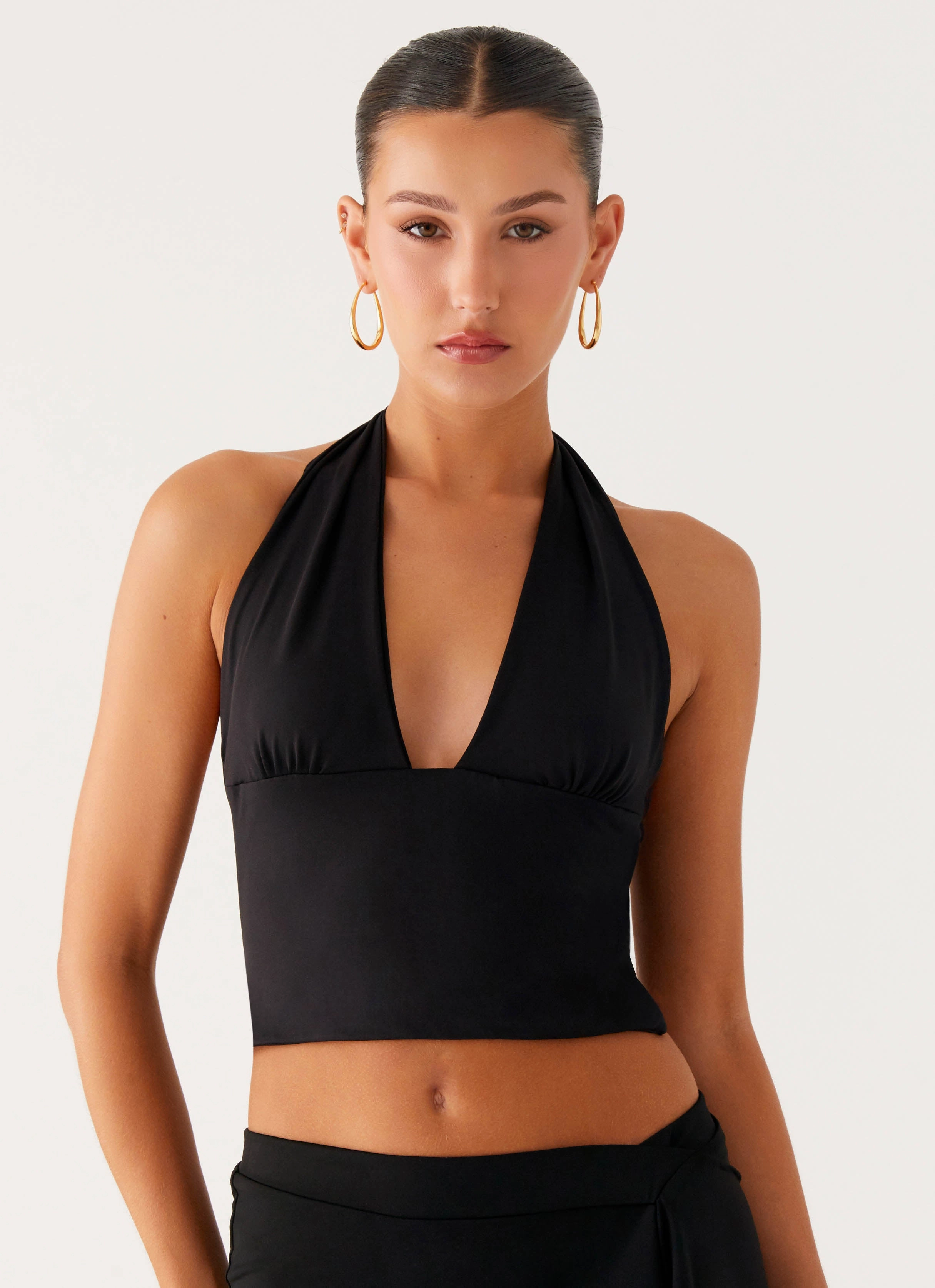 Fade Out Hardwear Halter Top - Black Flexible Knit Blend HighNeck