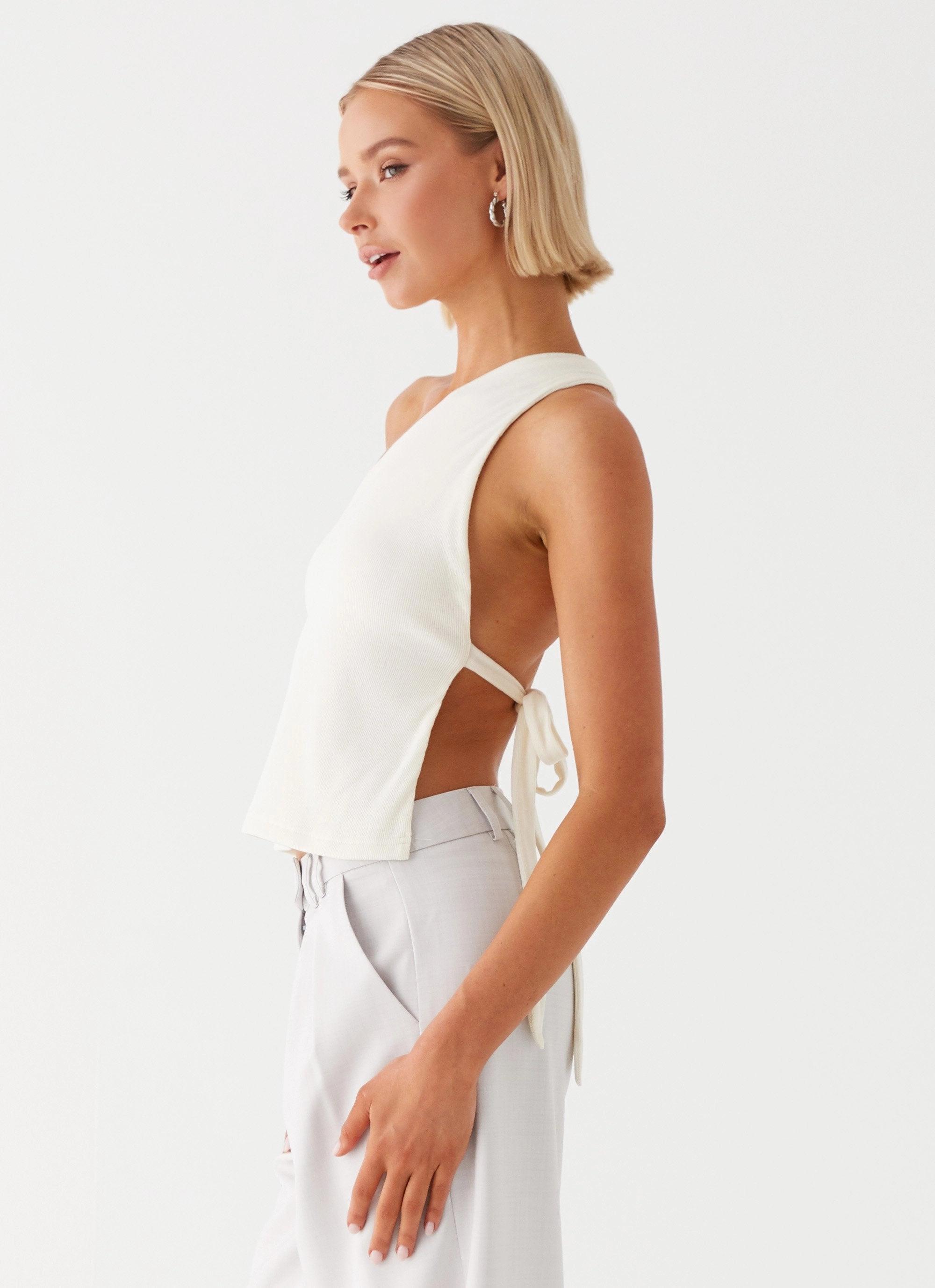 VNeck Style Safiya One Shoulder Top - White