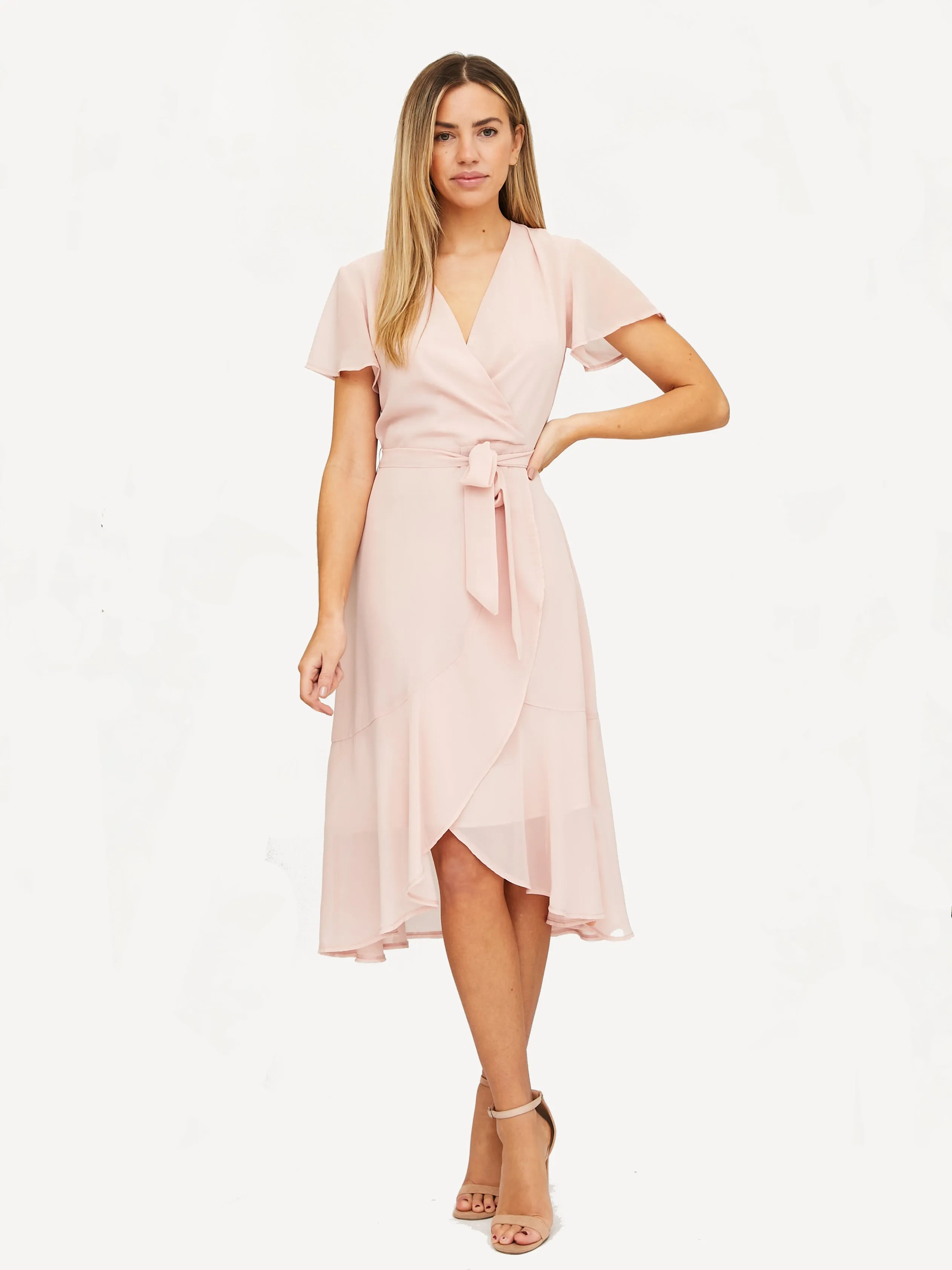 Natural Wrap Minimalist Design Faith Midi Ruffle Dress / Blush