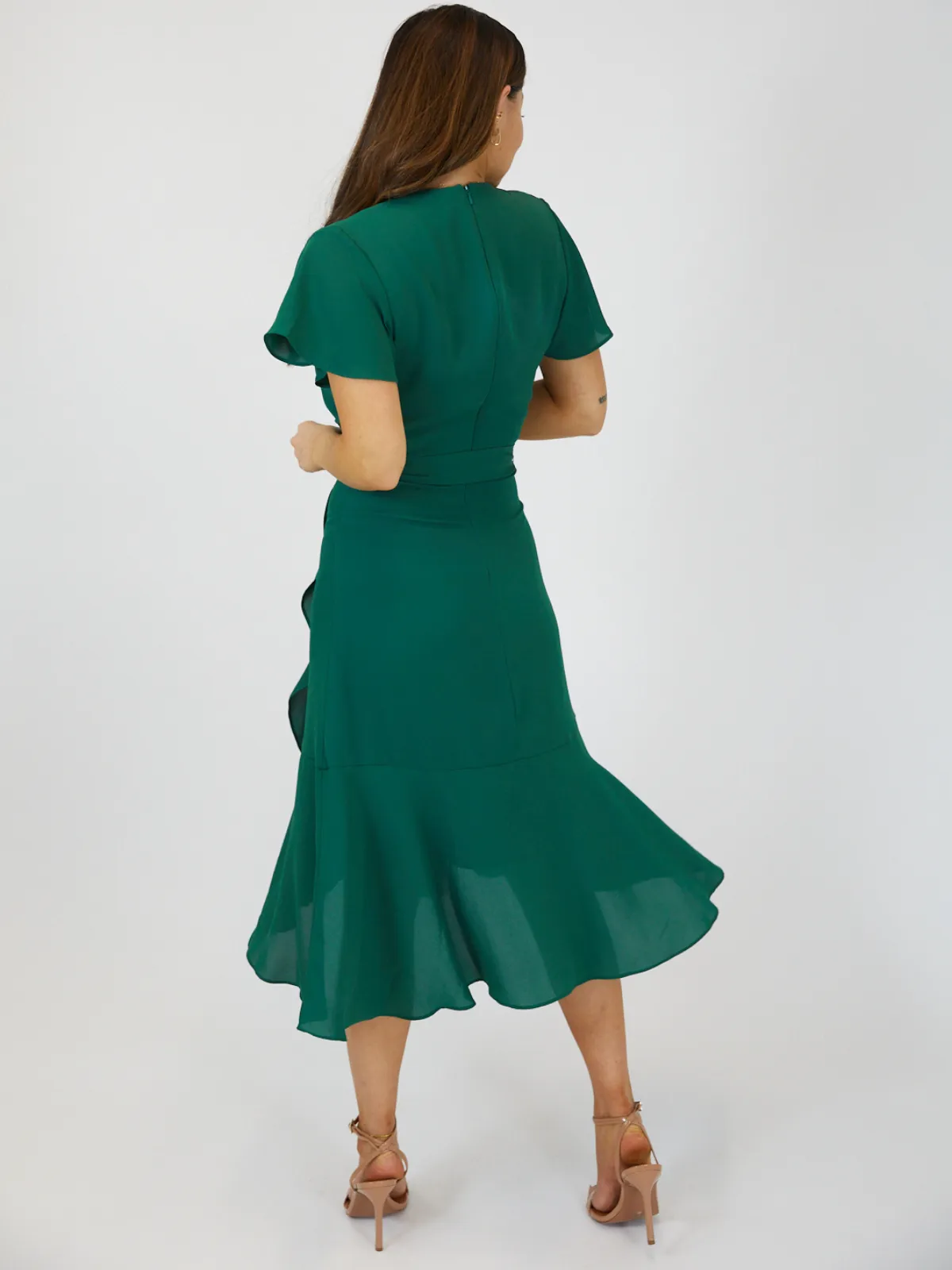 Faith Midi Ruffle Dress / Deep Green Work Favorite Wide Swing
