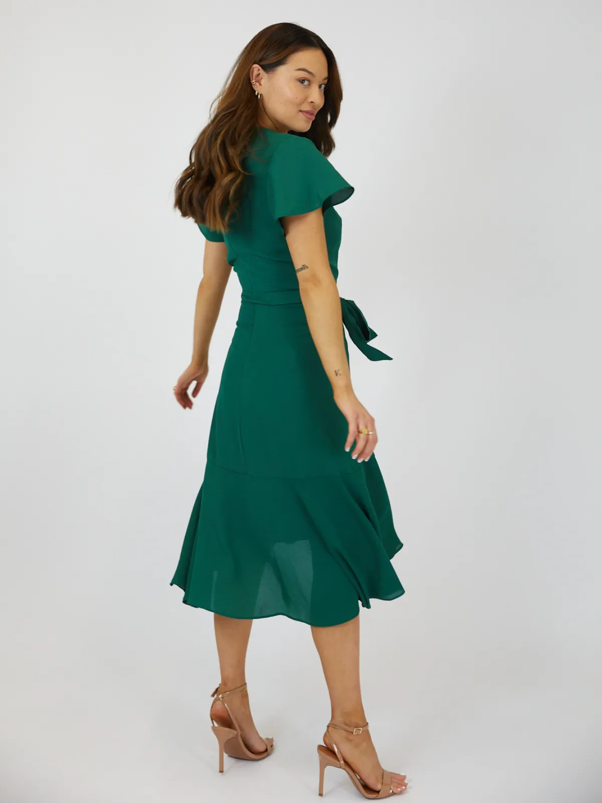 Faith Midi Ruffle Dress / Deep Green ConvertibleNeckline