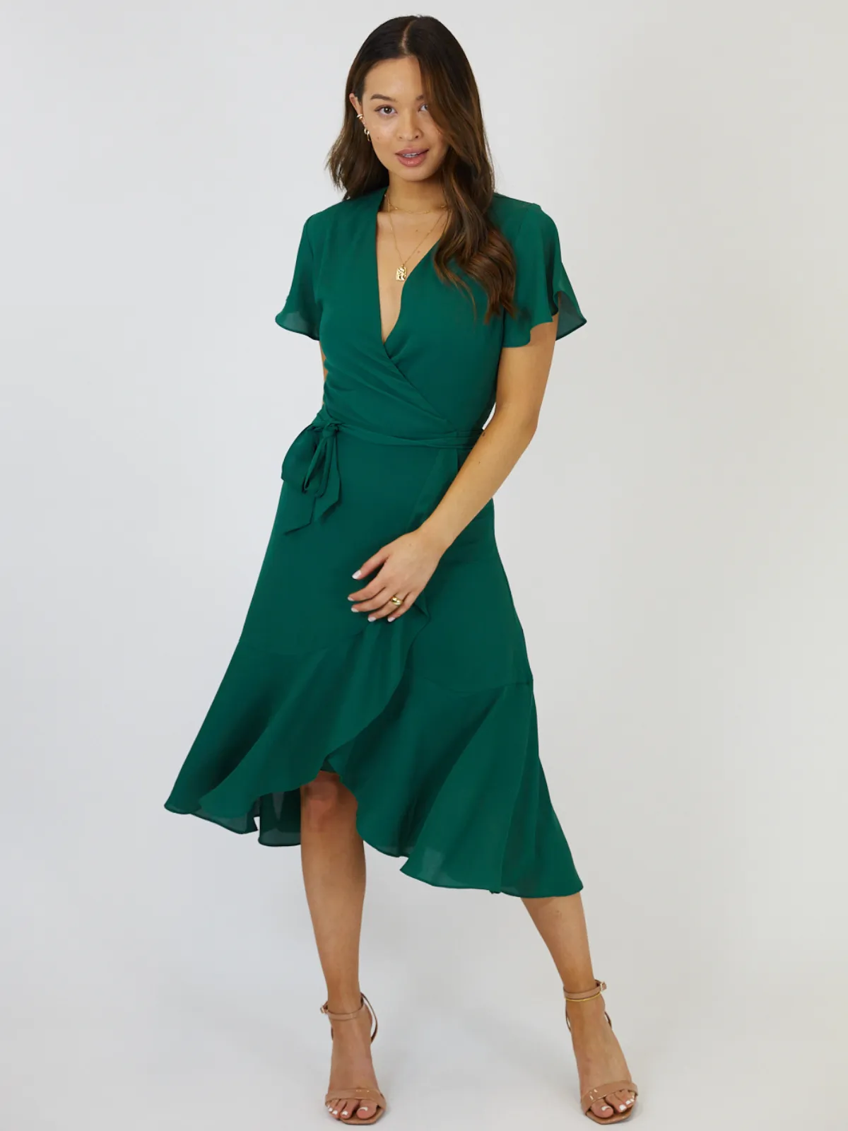 Vintage-Inspired Faith Midi Ruffle Dress / Deep Green