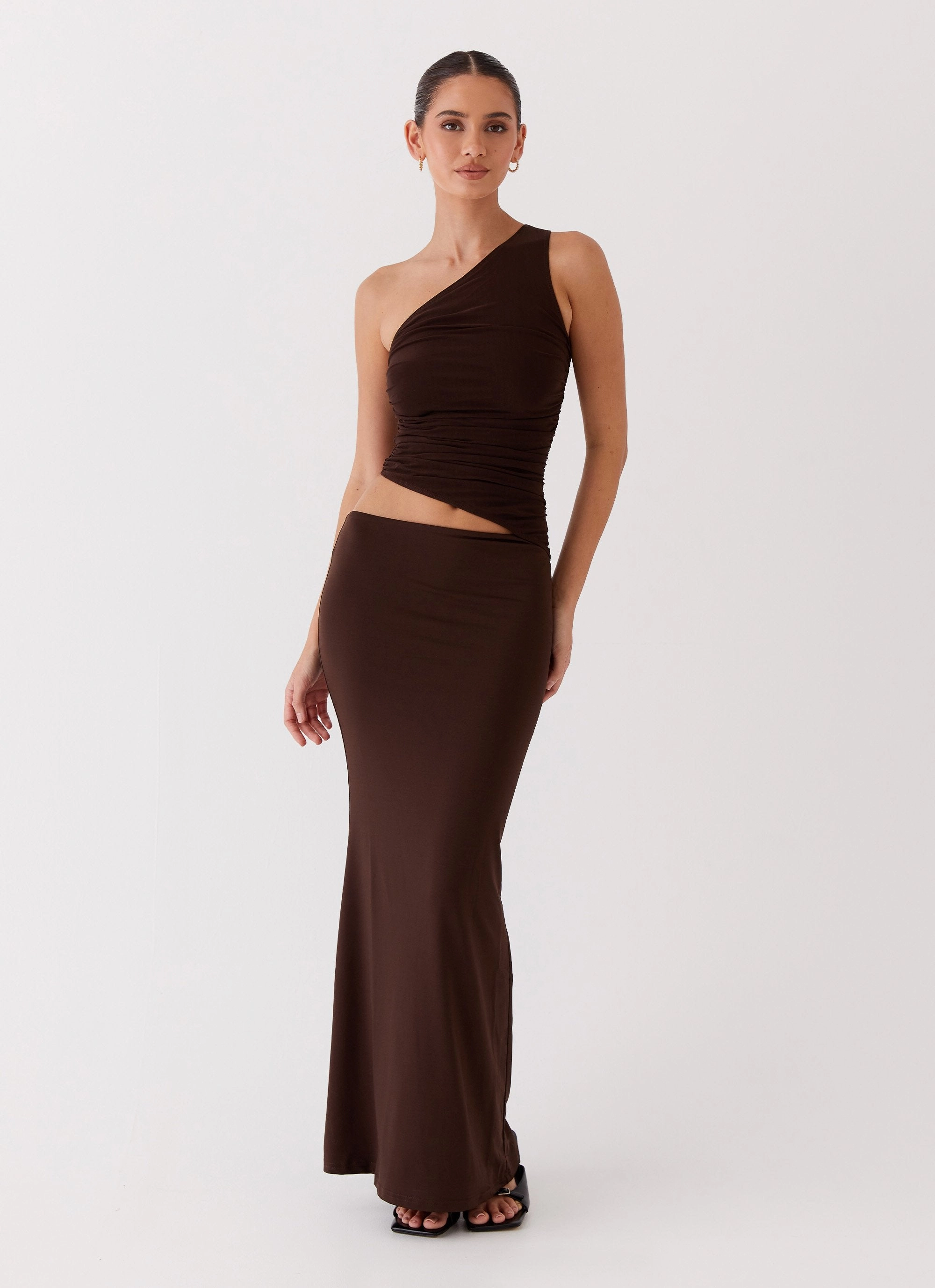 Seranella One Shoulder Maxi Dress - Chocolate Draped Layer Polished Form