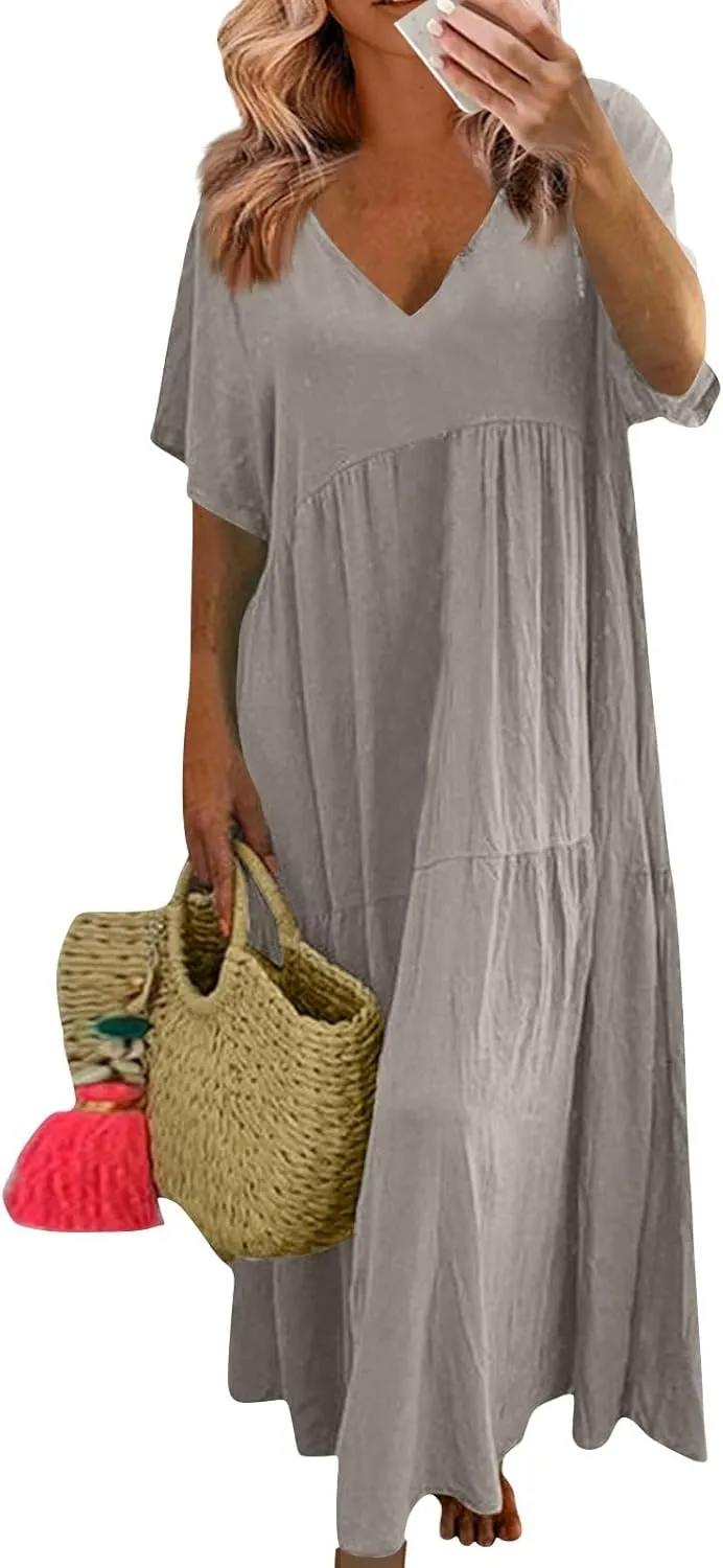 fanmpghleoo Plus Size Dresses for Curvy Women V Neck Beach Tshirt Linen Dress Summer Flowy Tiered Short Sleeve Maxi Dresses