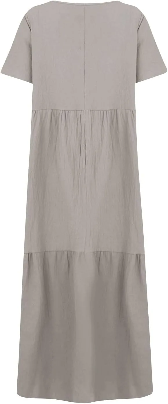 fanmpghleoo Plus Size Dresses for Curvy Women V Neck Beach Tshirt Linen Dress Summer Flowy Tiered Short Sleeve Maxi Dresses
