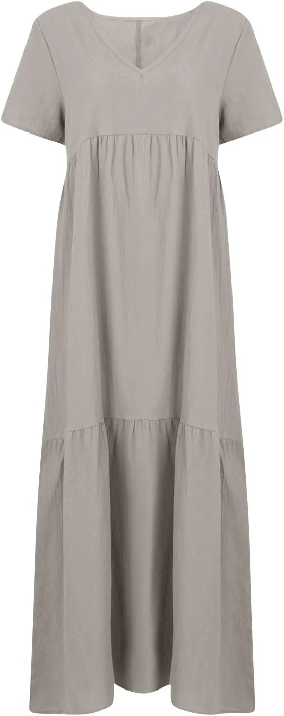 fanmpghleoo Plus Size Dresses for Curvy Women V Neck Beach Tshirt Linen Dress Summer Flowy Tiered Short Sleeve Maxi Dresses