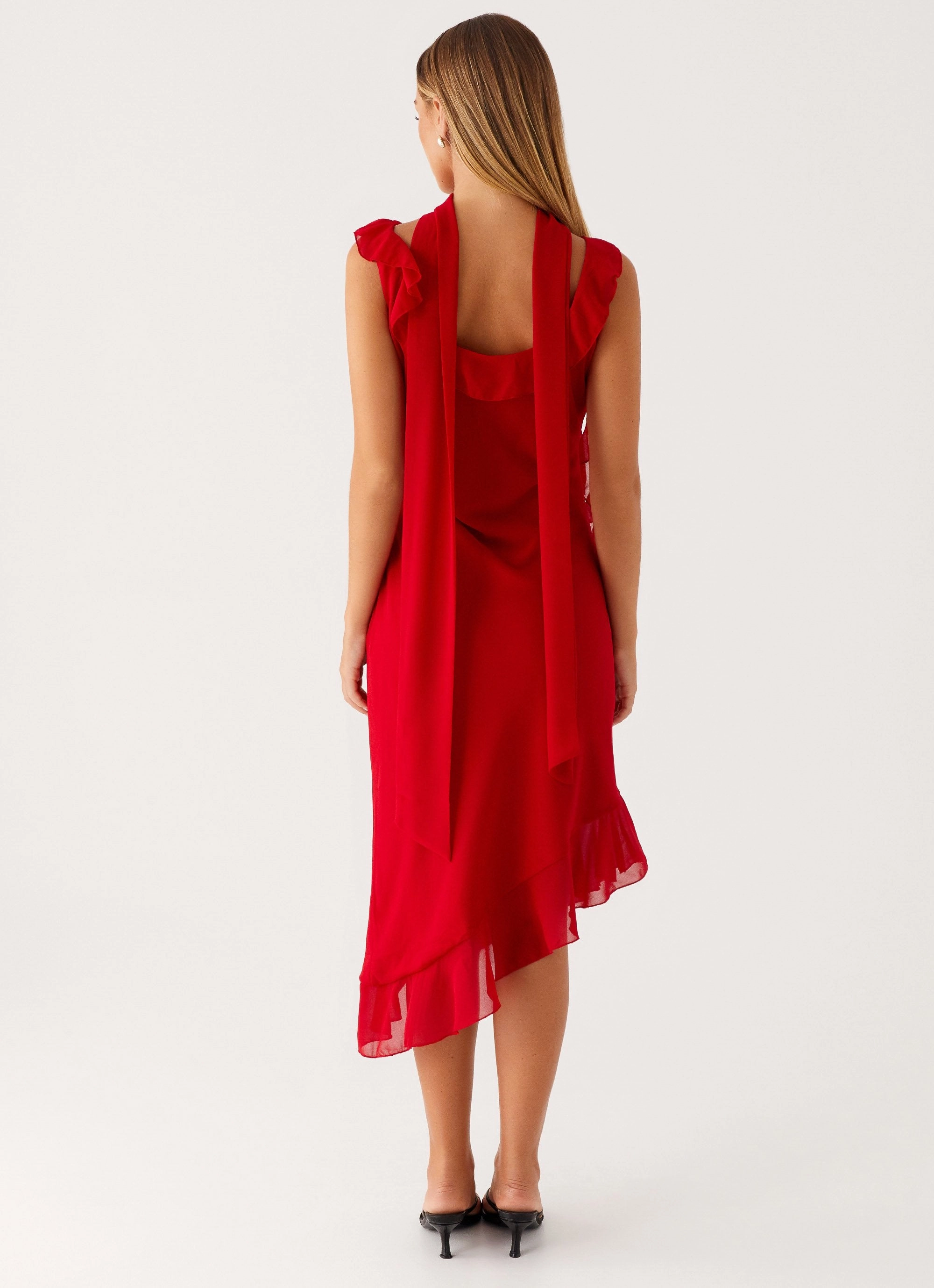 Pure Tone Natural Texture Fariday Midi Dress - Red