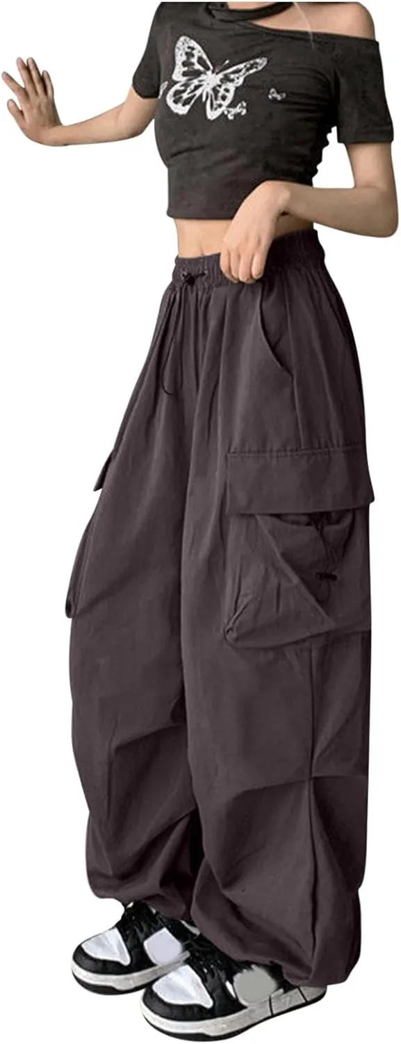 fartey Womens Baggy Cargo Pants High Waist Adjustable Straight Leg Trousers Casual Loose Parachute Hiking Pants with Pocket