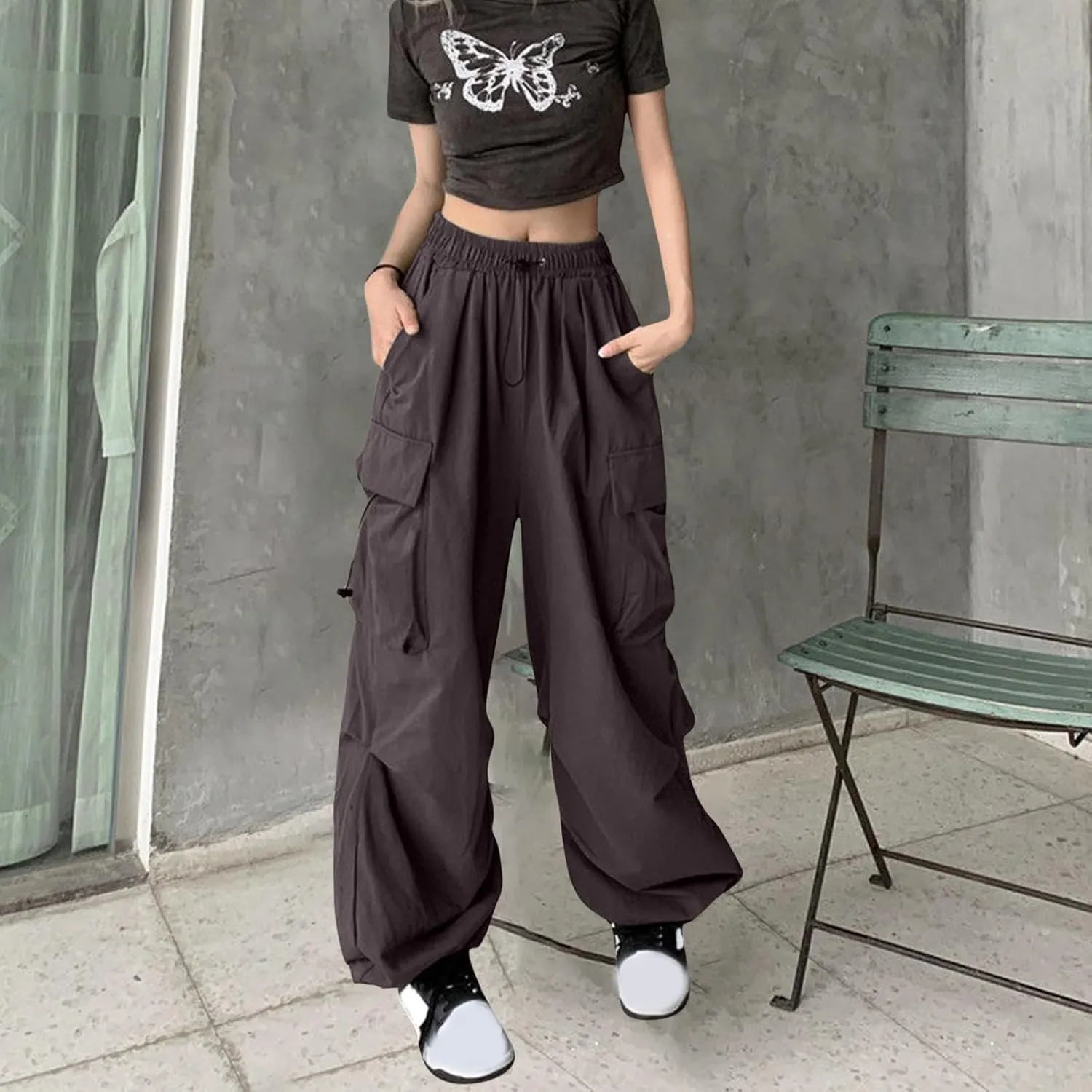 fartey Womens Baggy Cargo Pants High Waist Adjustable Straight Leg Trousers Casual Loose Parachute Hiking Pants with Pocket