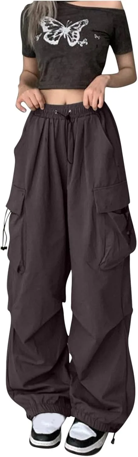 fartey Womens Baggy Cargo Pants High Waist Adjustable Straight Leg Trousers Casual Loose Parachute Hiking Pants with Pocket